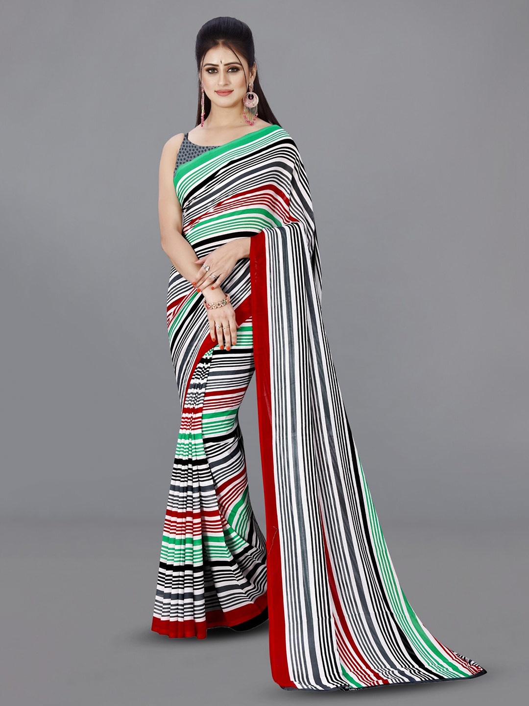 

ANAND SAREES Striped Printed Saree, Green