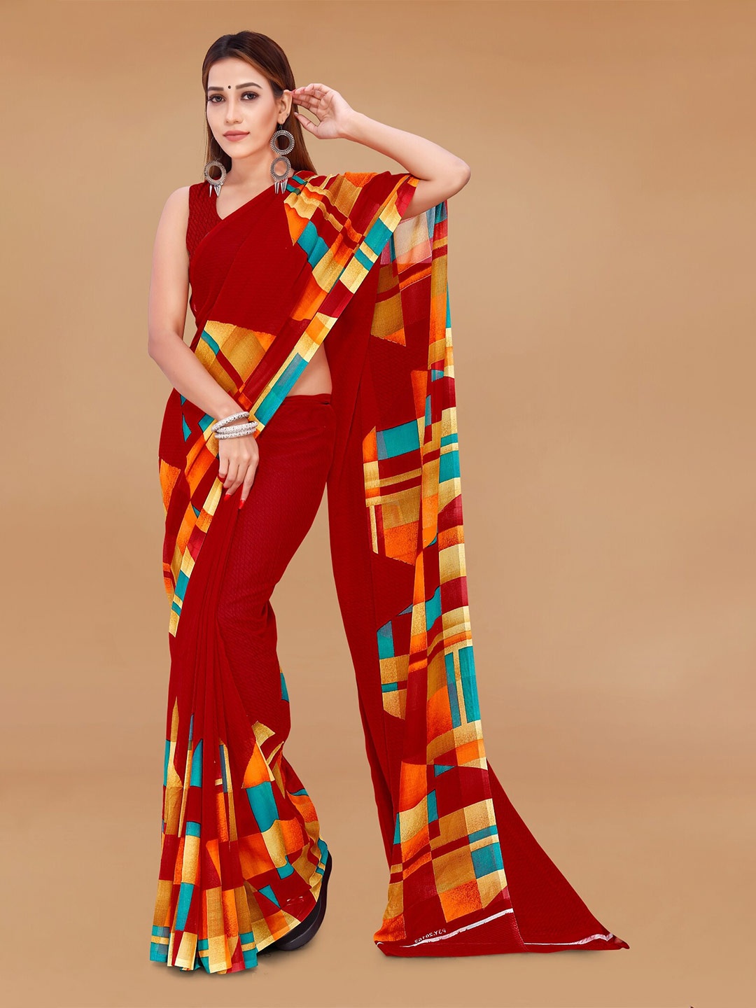 

ANAND SAREES Abstract Printed Saree, Red