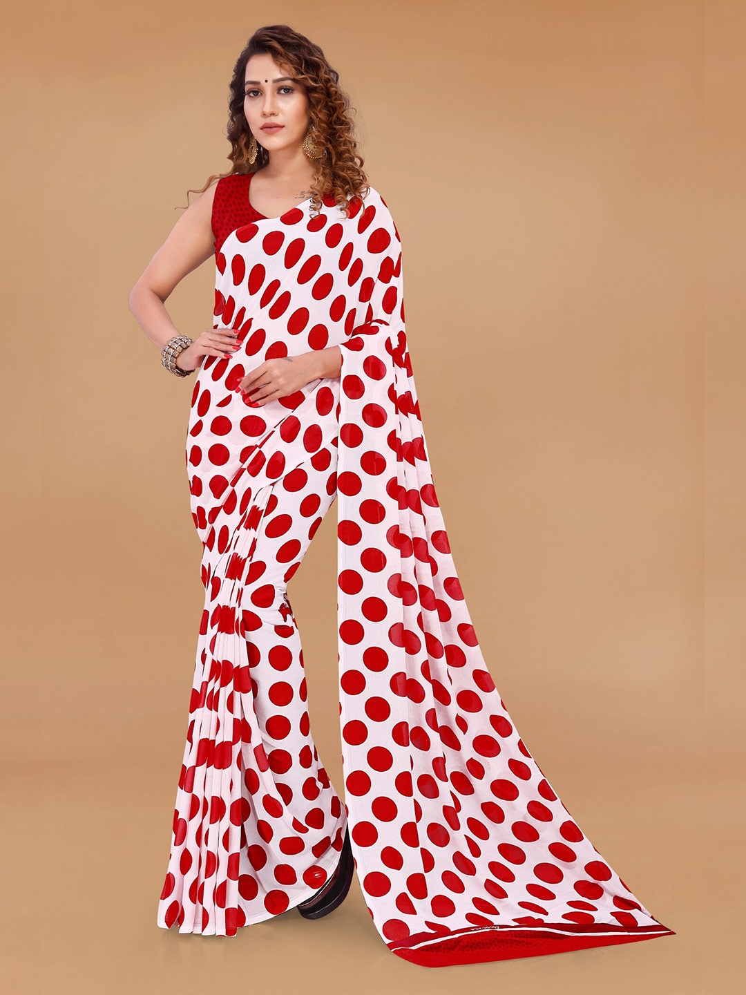 

Moda Rapido Polka Dots Saree With Blouse Piece, Red