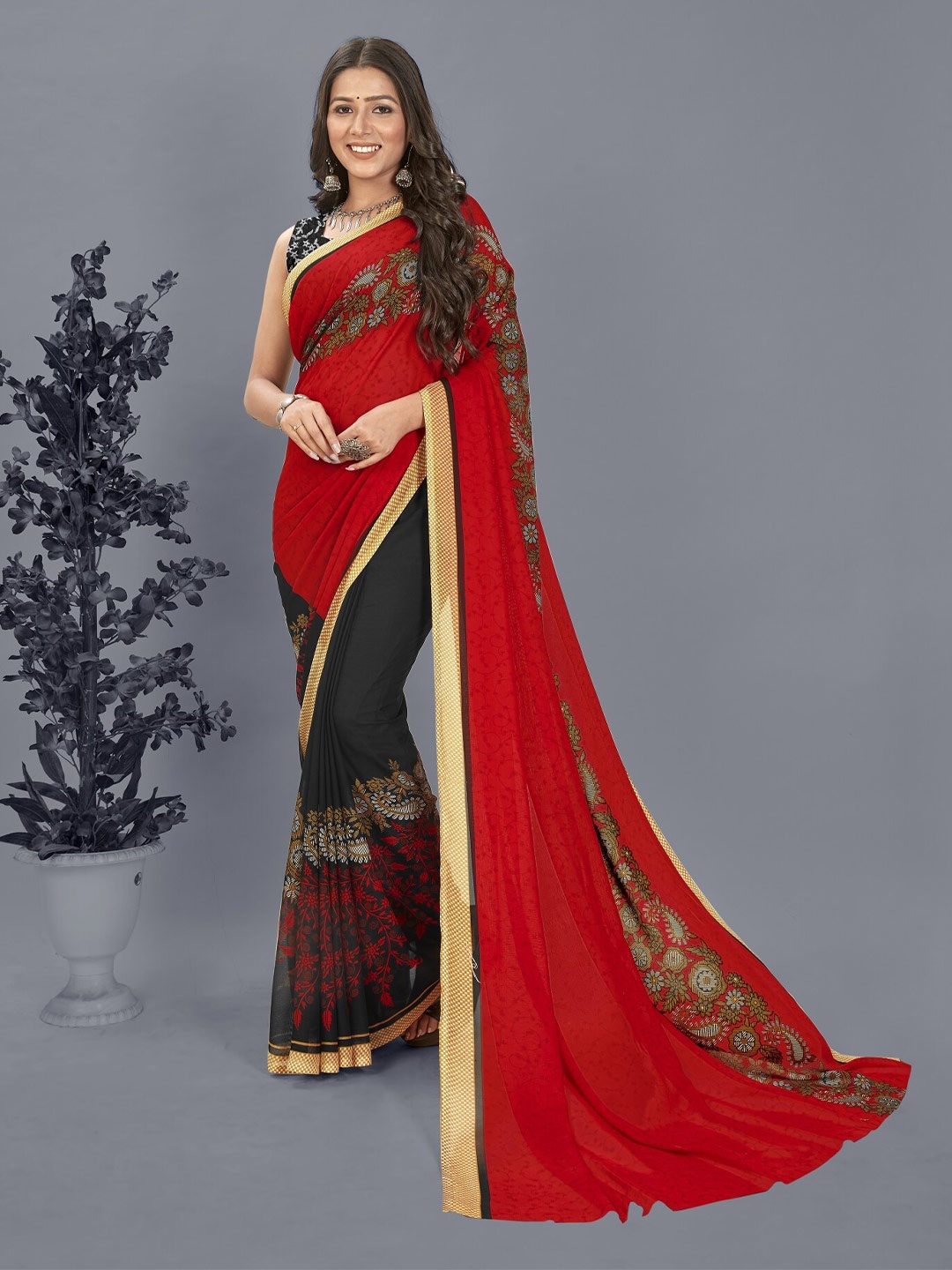 

Moda Rapido Floral Saree With Blouse Piece, Red