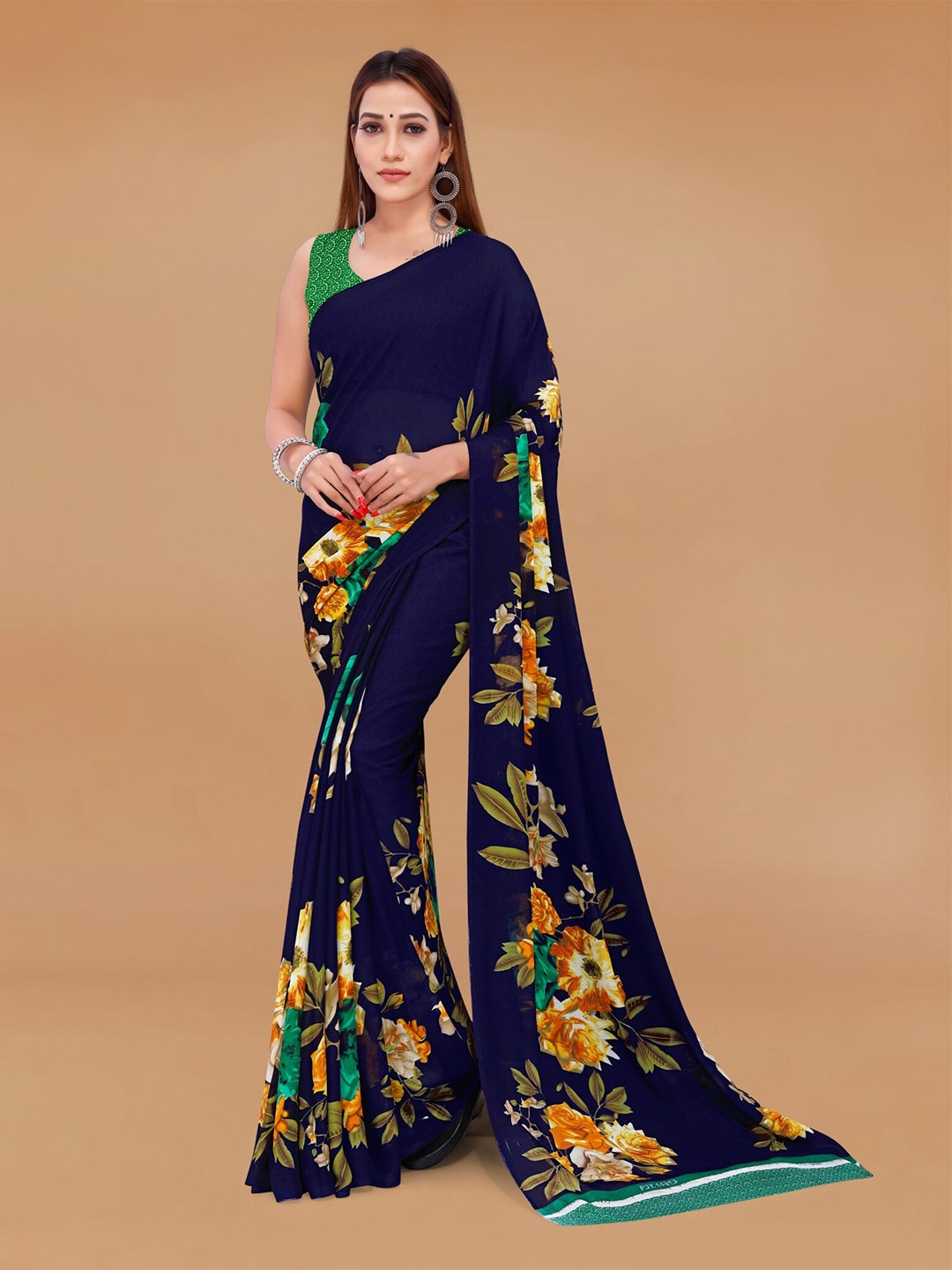 

Moda Rapido Floral Printed Saree With Blouse Piece, Navy blue