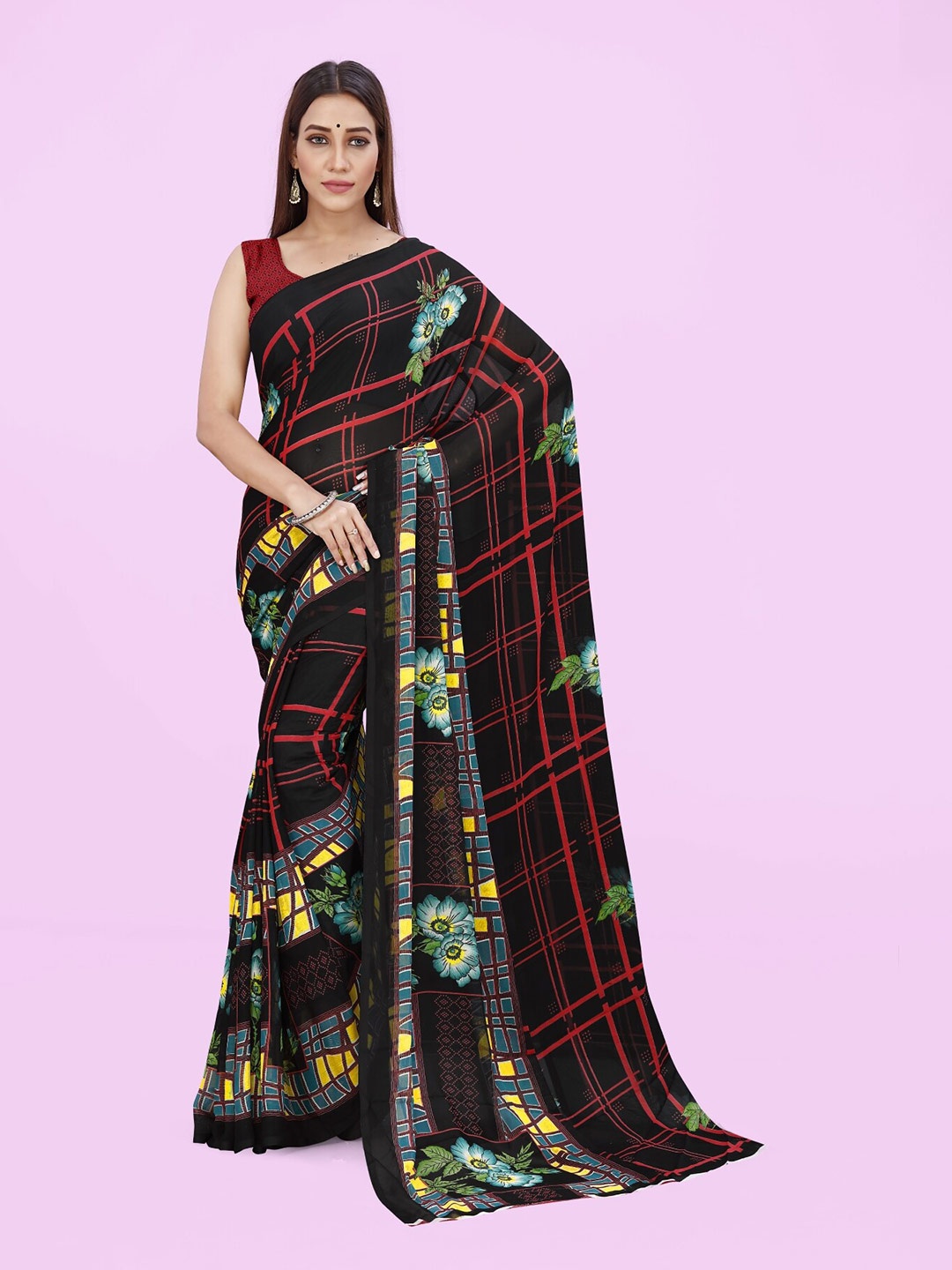 

ANAND SAREES Floral Striped Printed Saree, Black