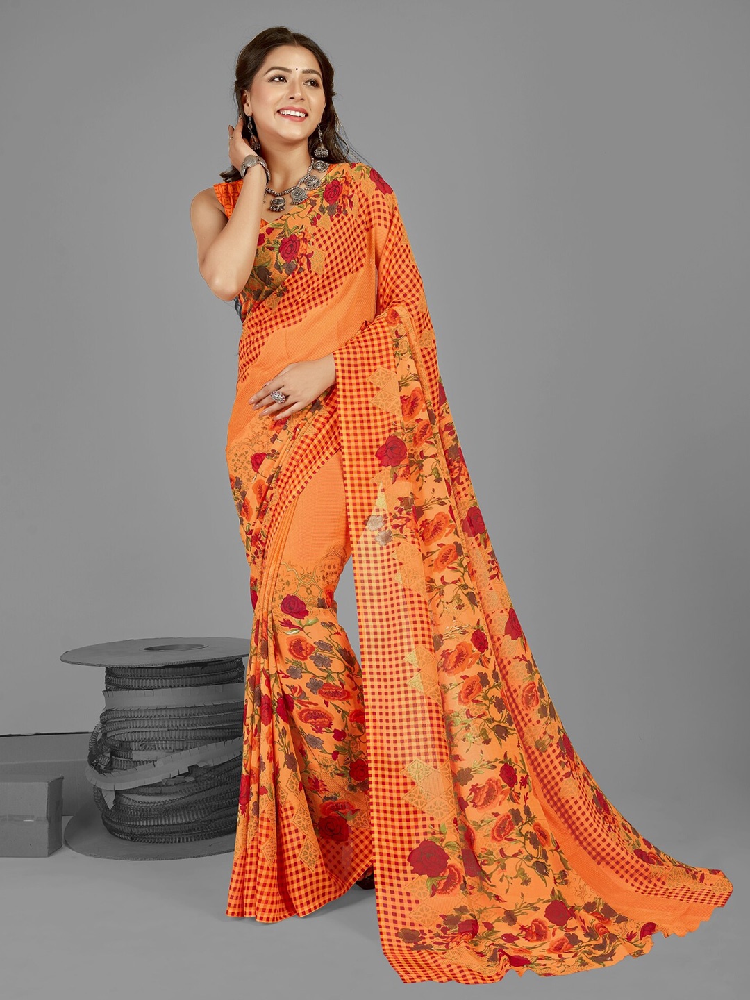 

ANAND SAREES Floral Printed Georgette Saree, Orange