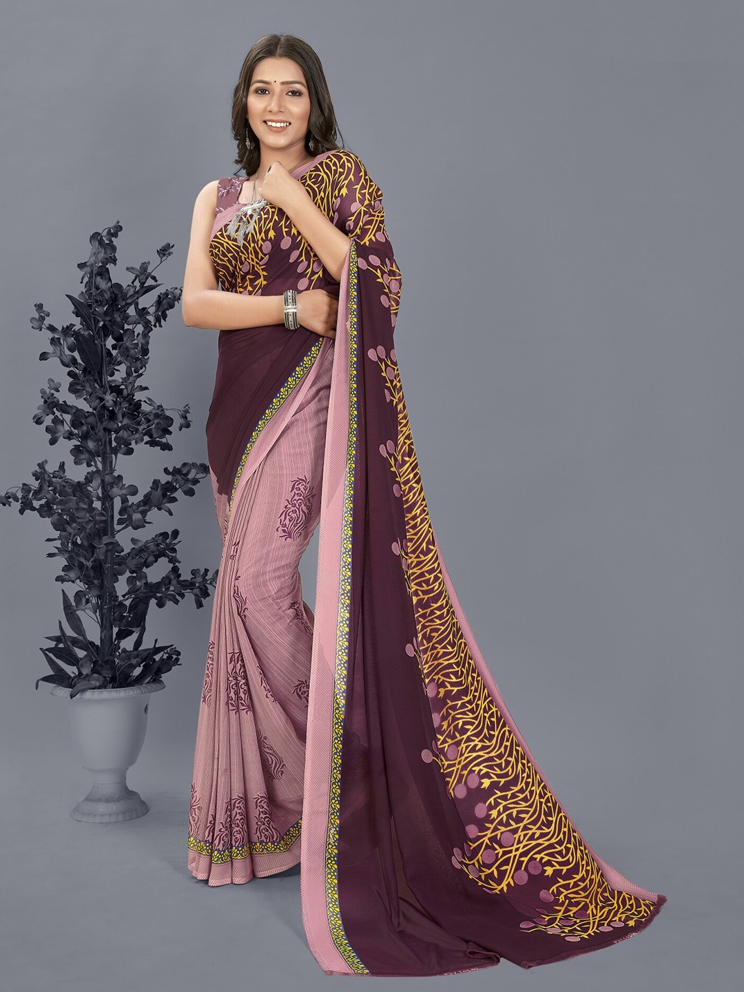 

Moda Rapido Floral Half and Half Saree With Blouse Piece, Purple