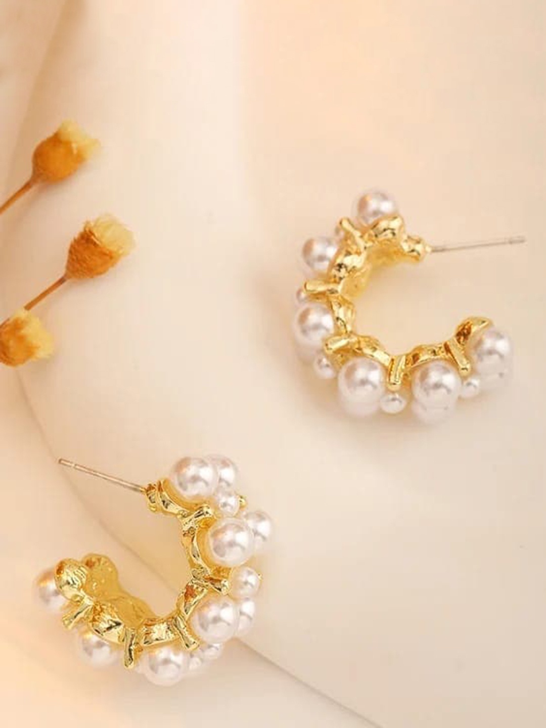 

KRYSTALZ Gold-Plated Stainless Steel Pearls Studded Half Hoop Earrings