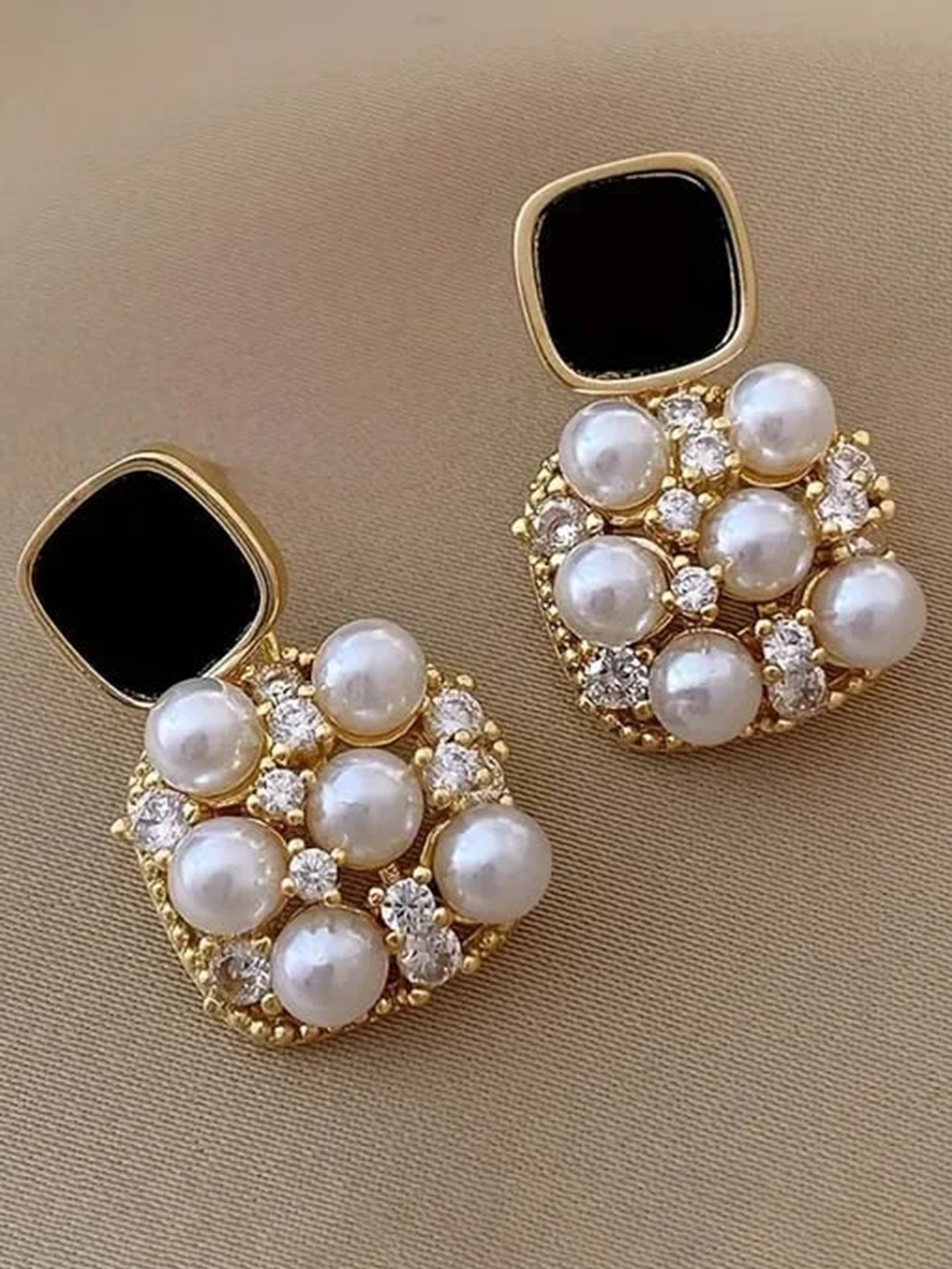 

KRYSTALZ Gold-Plated Stone-Studded & Beaded Contemporary Drop Earrings