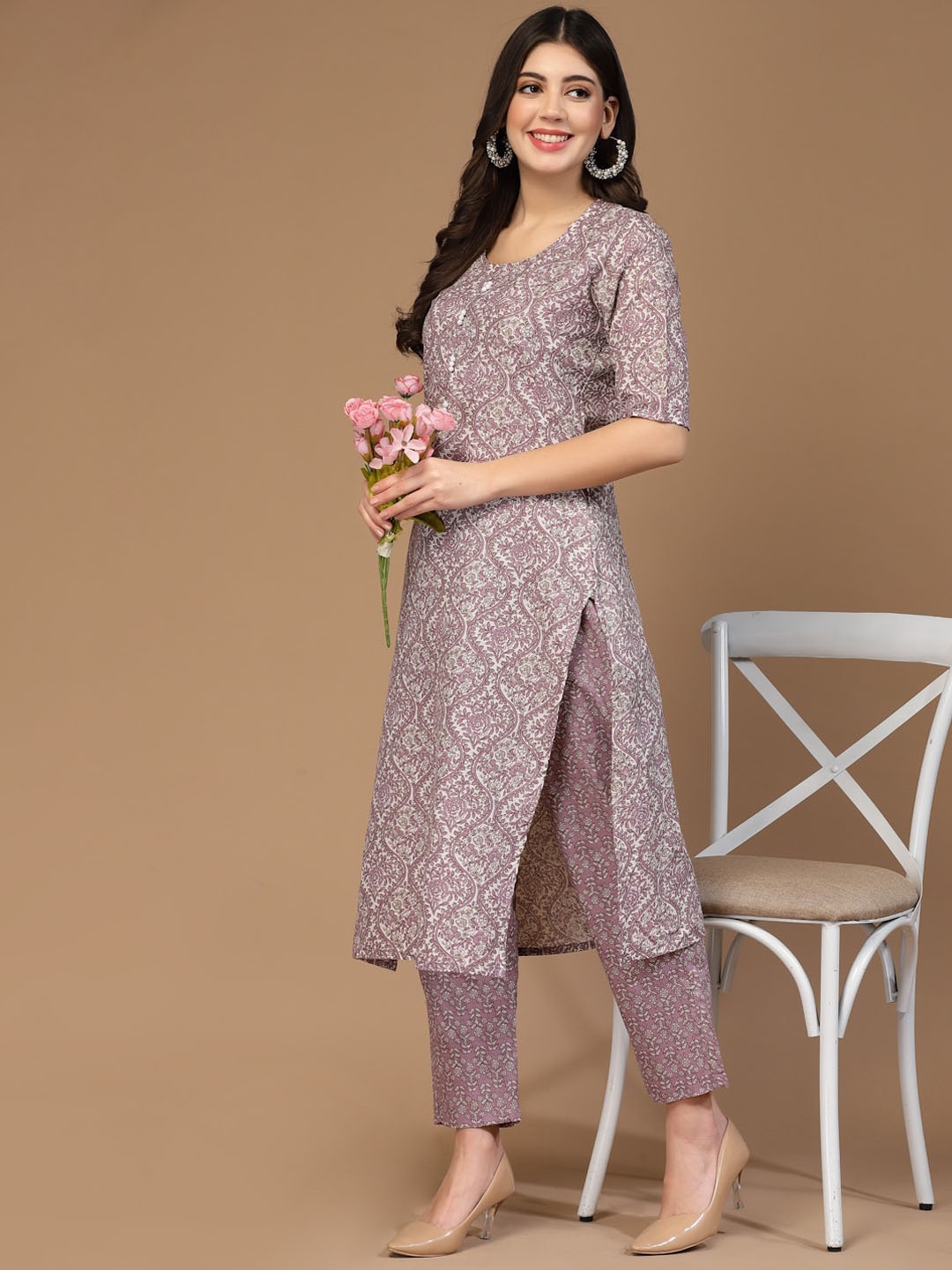 

KALINI Women Floral Printed Regular Kurta with Trousers, Mauve