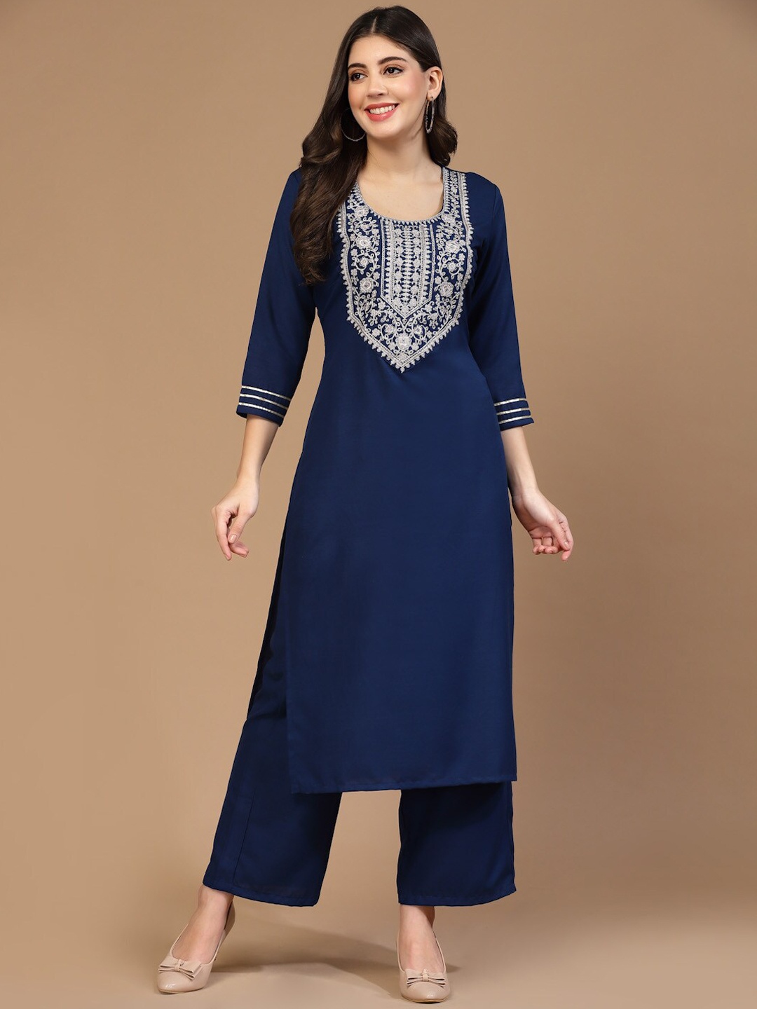 

KALINI Women Ethnic Motifs Embroidered Thread Work Kurta & Palazzos With Dupatta, Navy blue