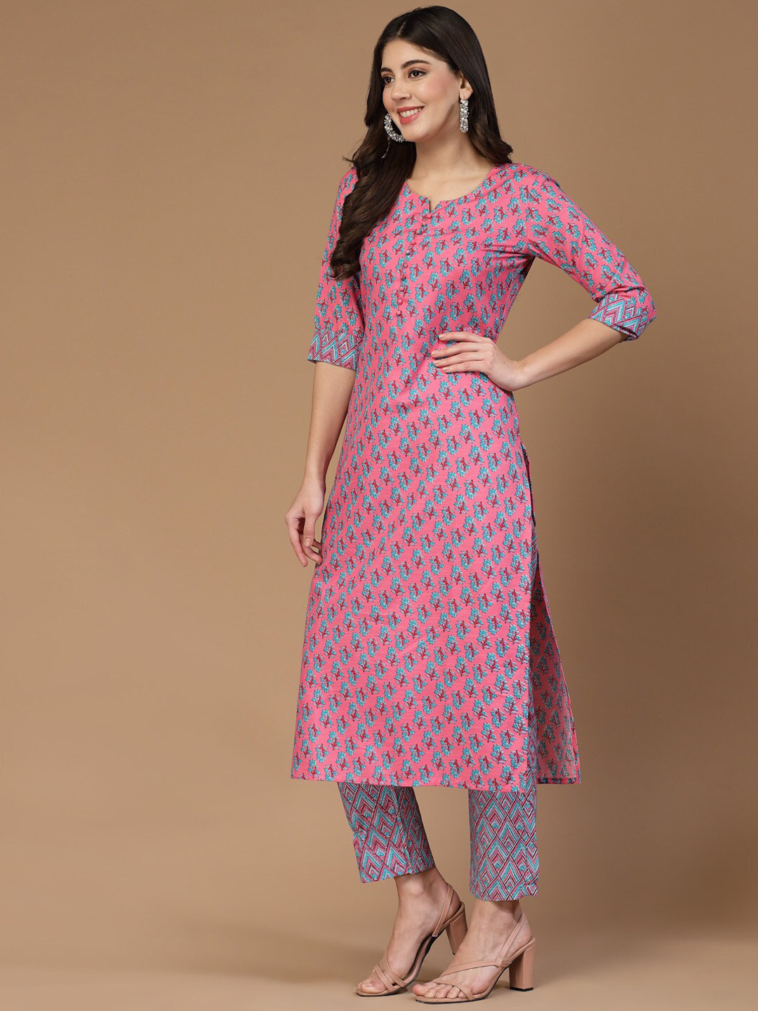 

KALINI Floral Printed Straight Kurta with Trousers, Pink