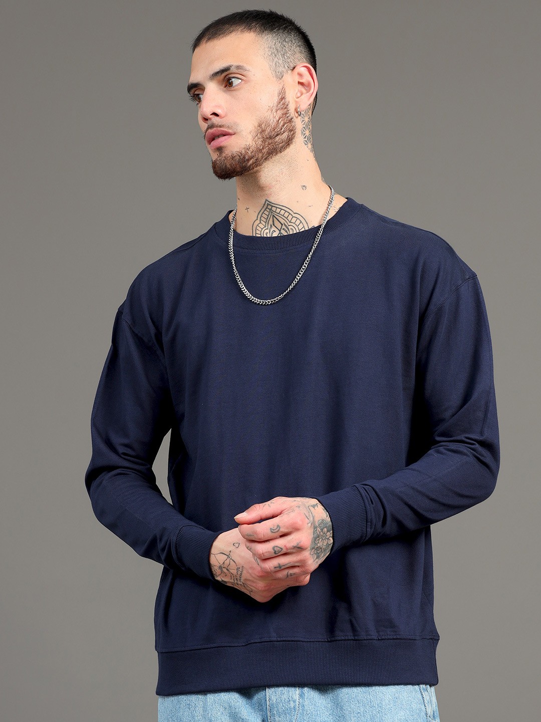 

SILISOUL Drop Shoulder Sleeves Pure Cotton Oversized Pullover Sweatshirt, Navy blue