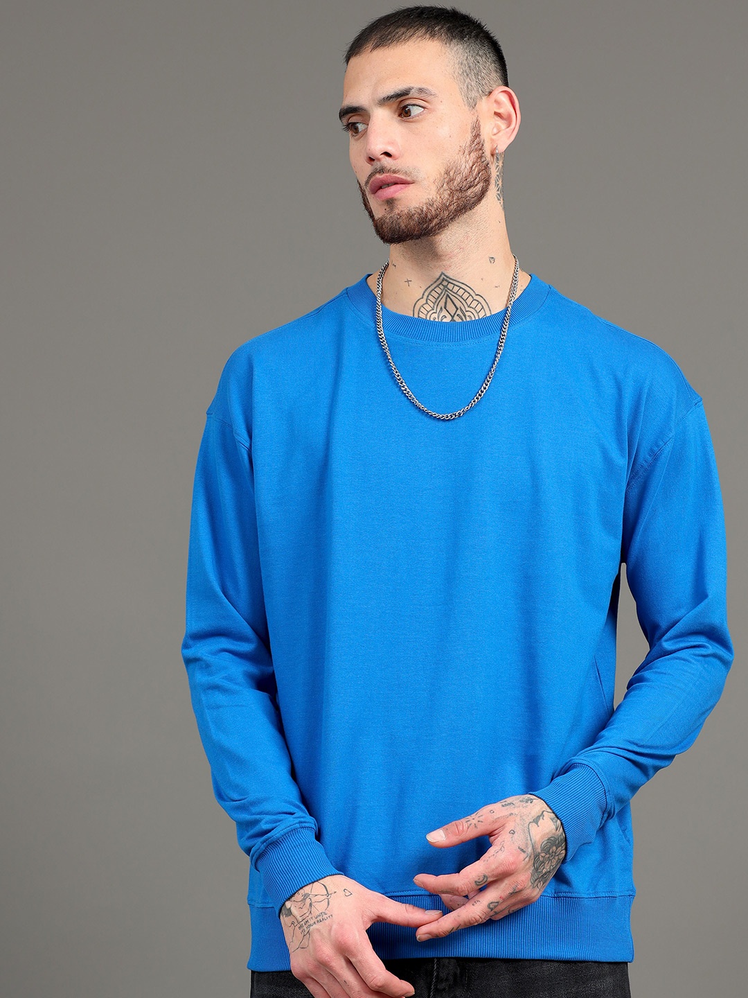 

SILISOUL Drop Shoulder Sleeves Pure Cotton Oversized Pullover Sweatshirt, Blue