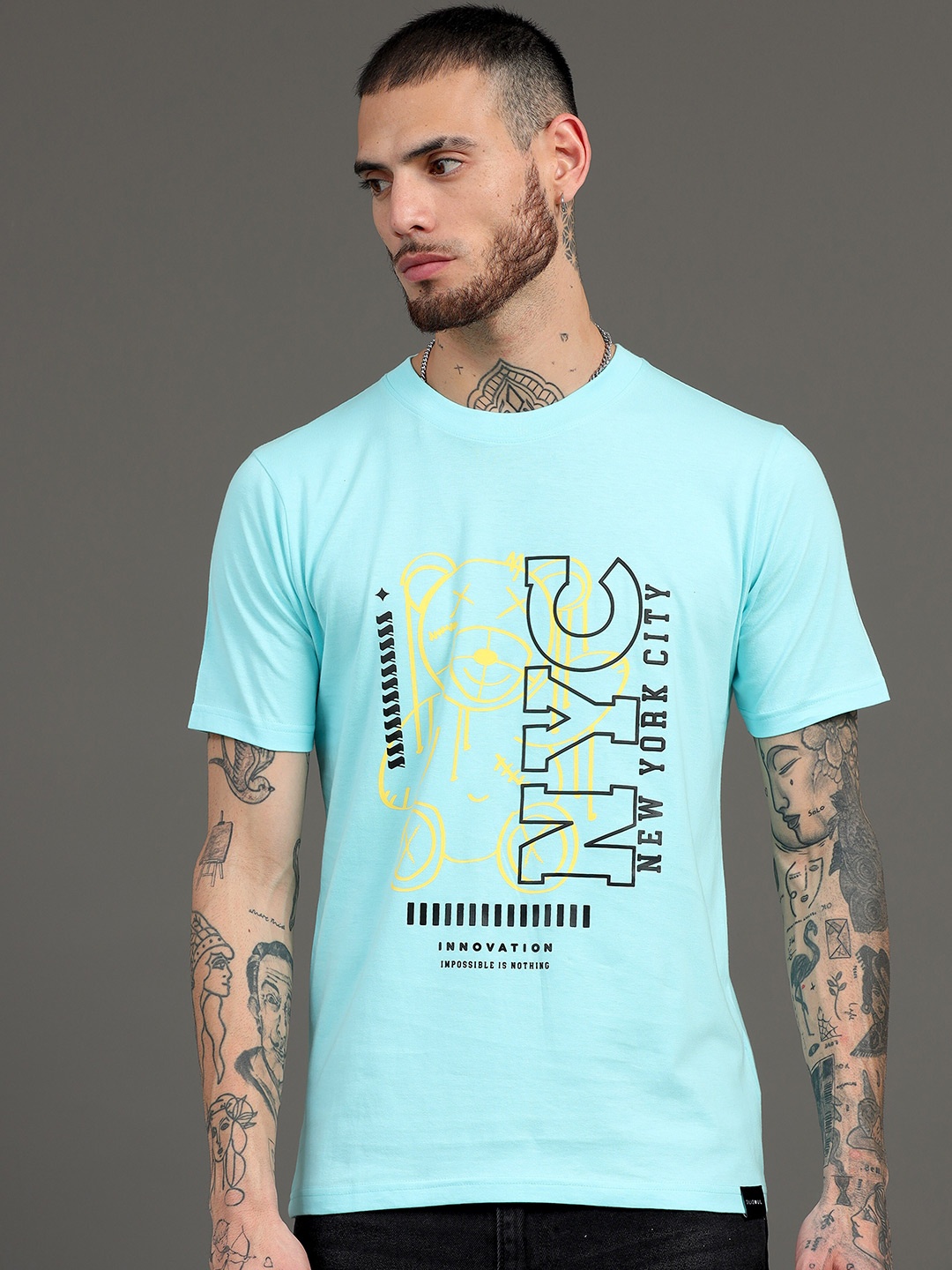 

SILISOUL Typography Printed Pure Cotton Bio Finish T-shirt, Blue
