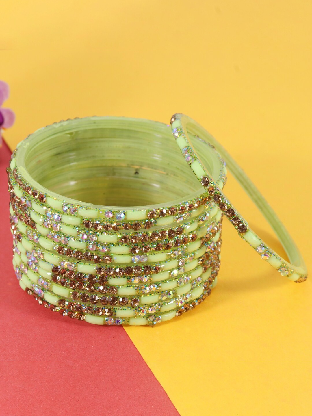 

LAVAZZA Set Of 12 Crystal-Studded Bangles, Lime green
