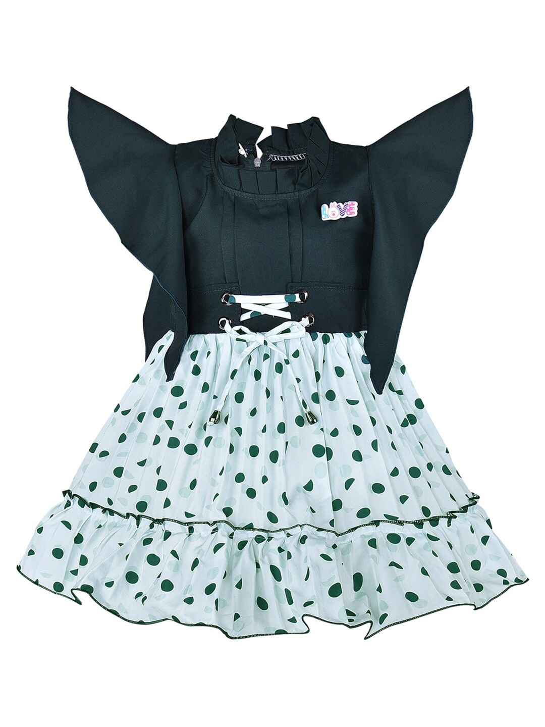 

Wish Karo Girls Polk Dot Printed Flared Sleeve Pleated Georgette Fit & Flare Dress, Green