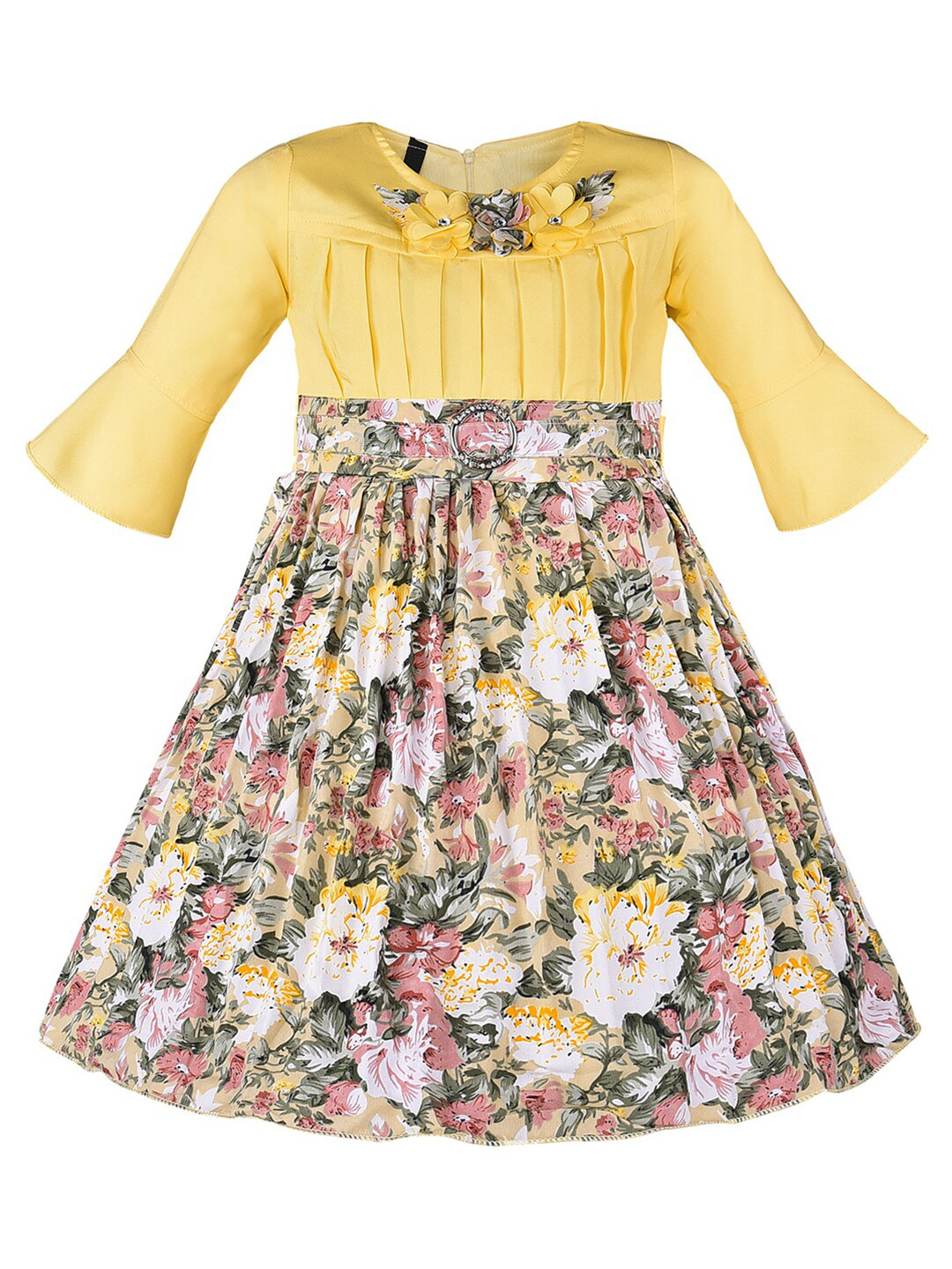 

Wish Karo Girls Floral Printed Bell Sleeves Satin Fit & Flare Dress, Yellow