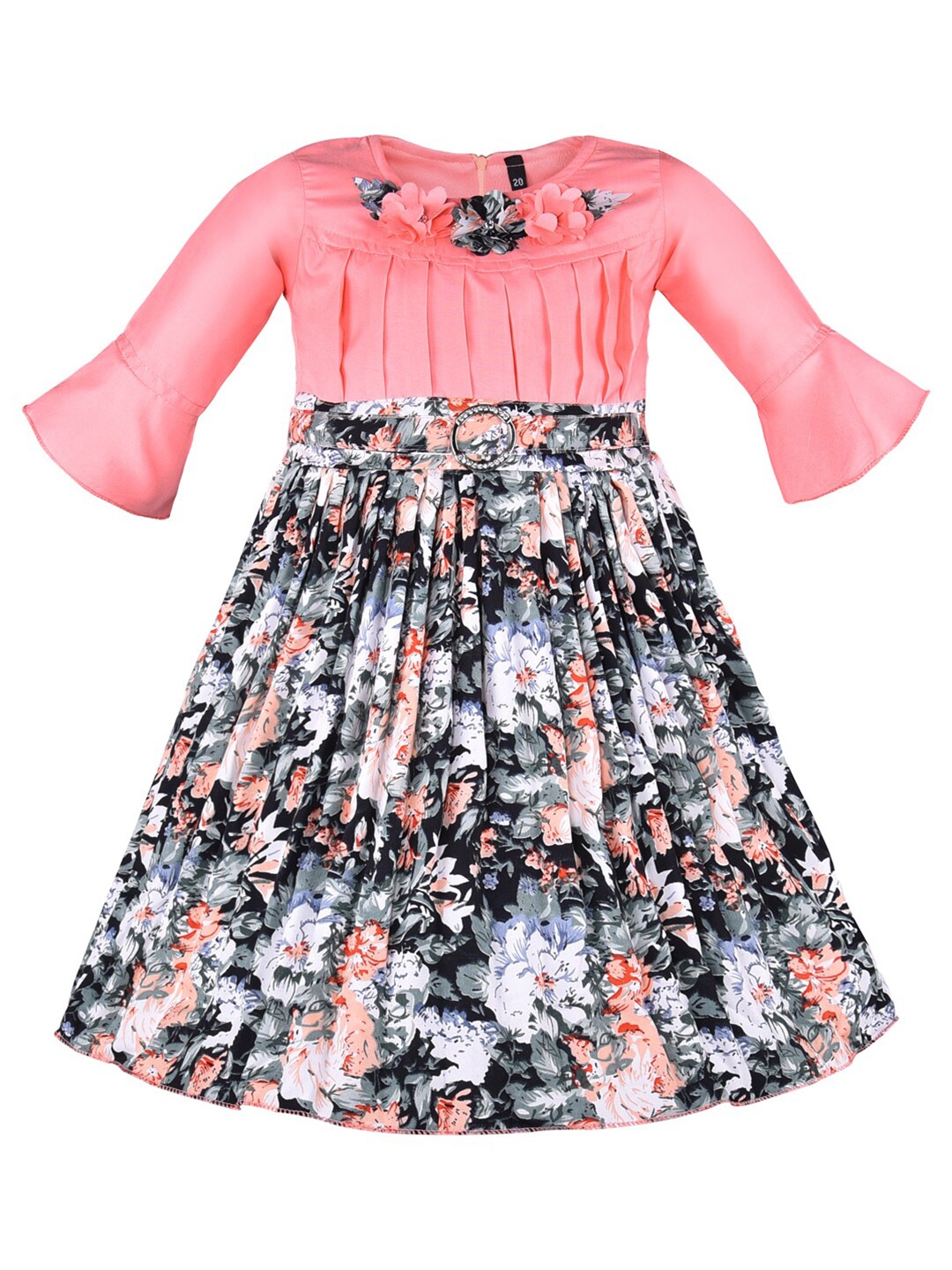 

Wish Karo Girls Floral Printed Bell Sleeves Satin Fit & Flare Dress, Peach