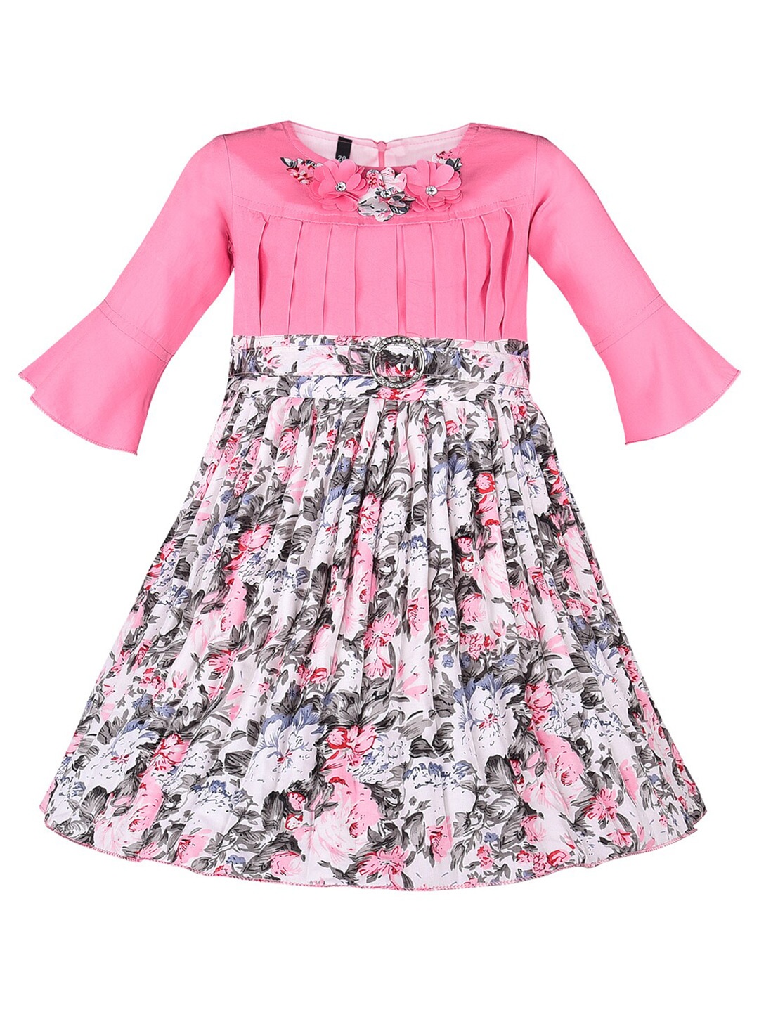 

Wish Karo Girls Floral Printed Bell Sleeves Satin Fit & Flare Dress, Pink