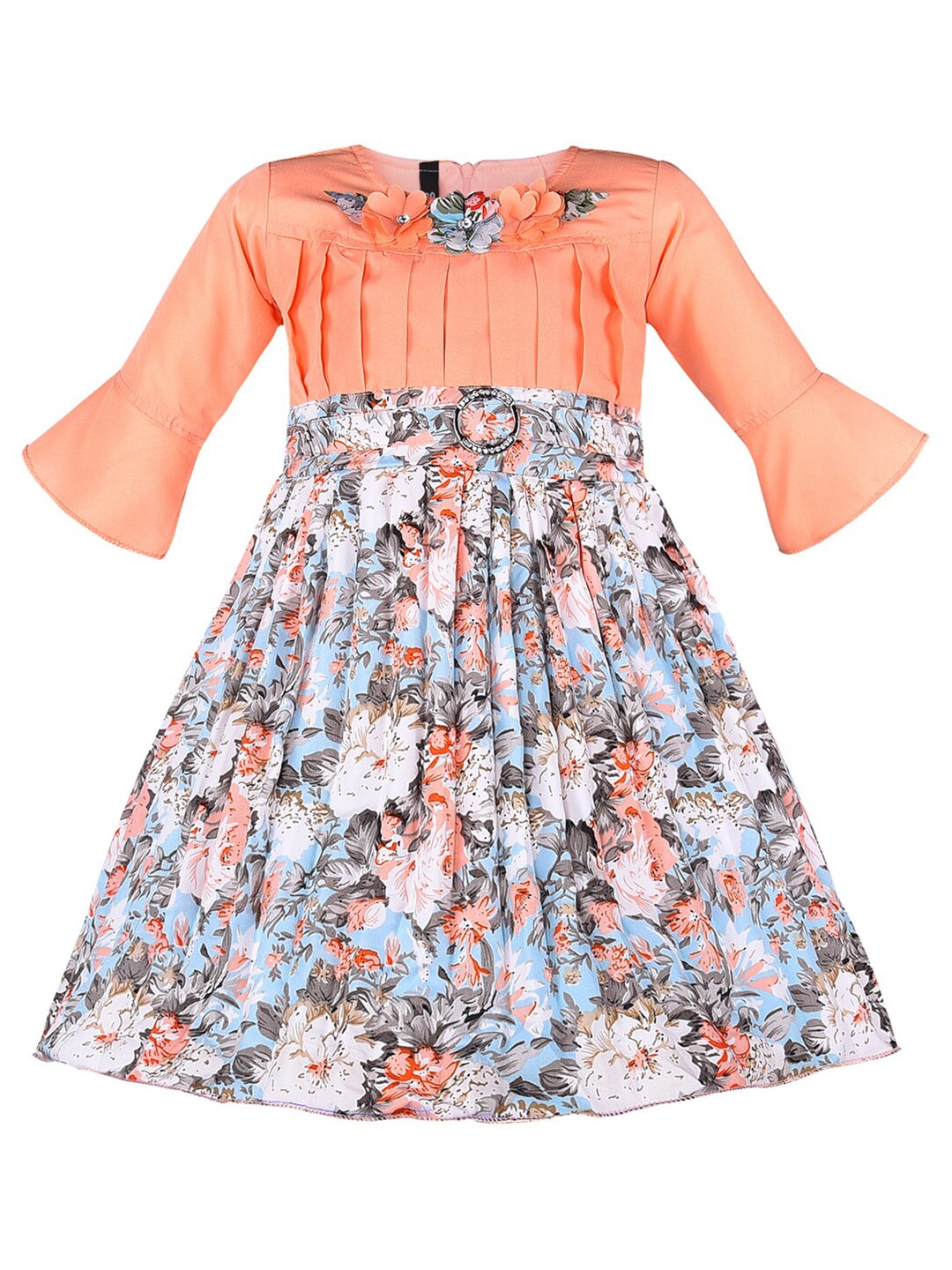 

Wish Karo Girls Floral Printed Bell Sleeves Satin Fit & Flare Dress, Orange