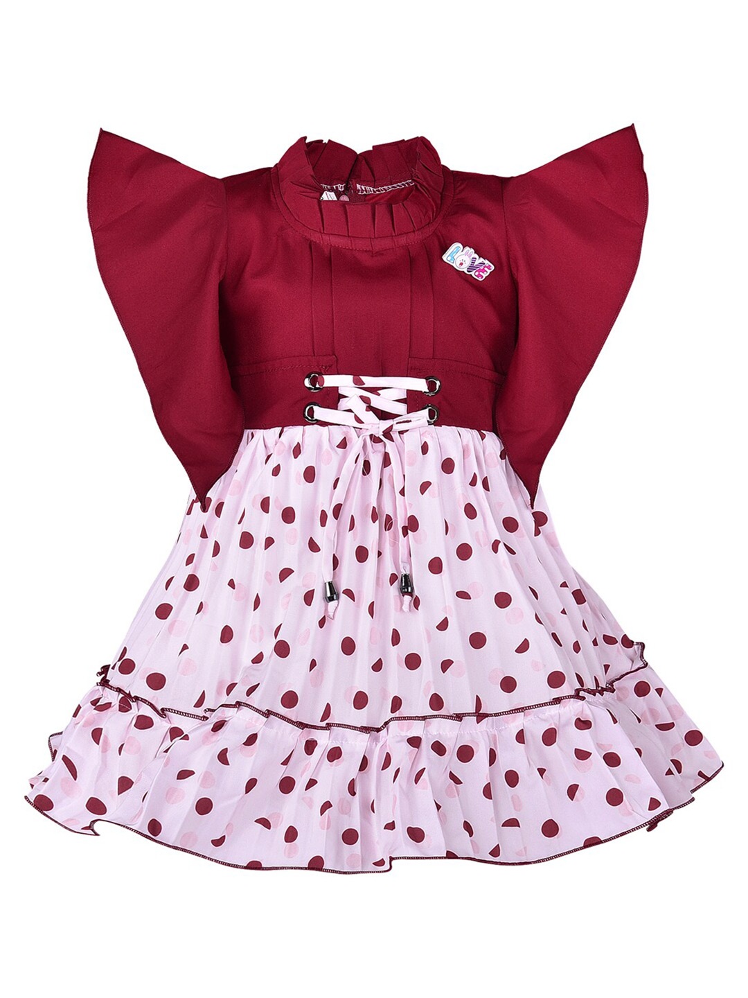 

Wish Karo Polka Dots Printed Flared Sleeves Fit & Flare Dress, Maroon
