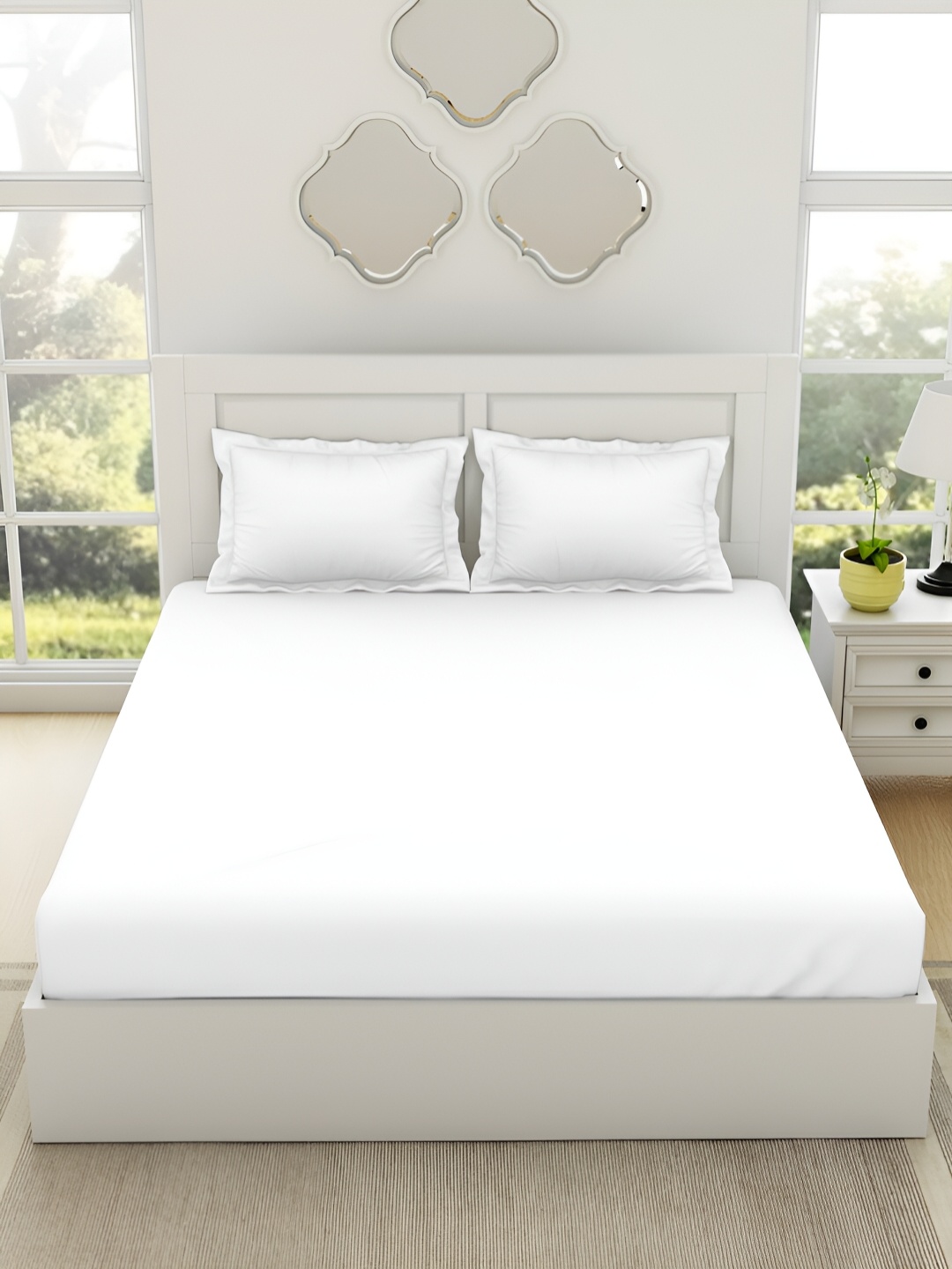 

SPACES White 144 TC Pure Cotton Fitted King Bedsheet & 2 Pillow Covers