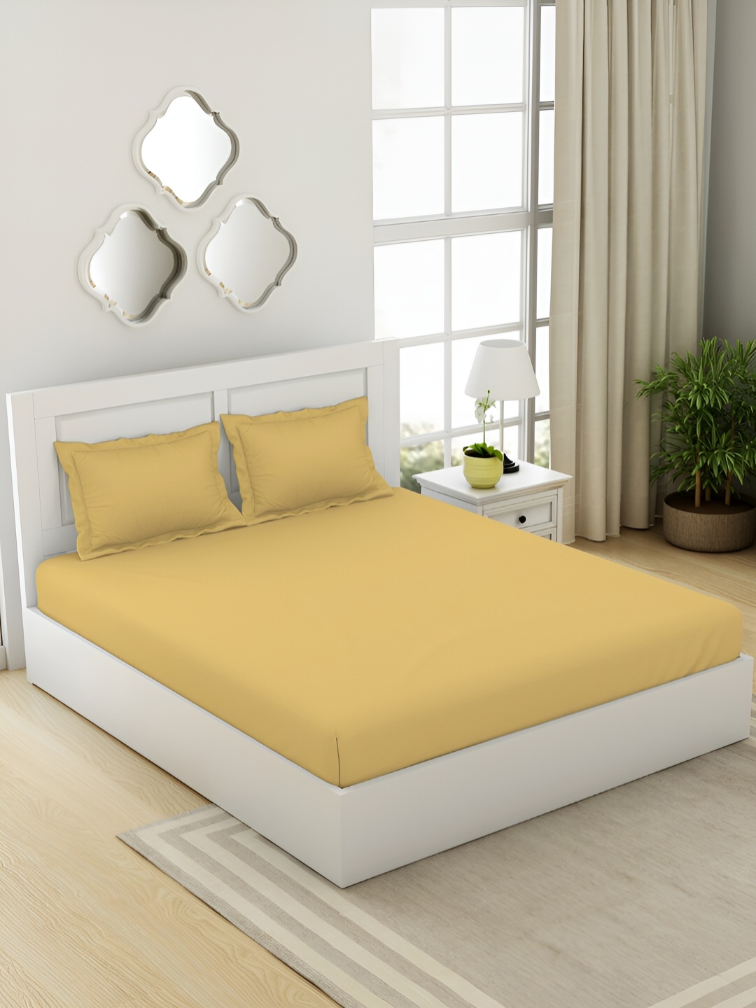

SPACES Yellow 144 TC Pure Cotton Fitted King Bedsheet & 2 Pillow Covers