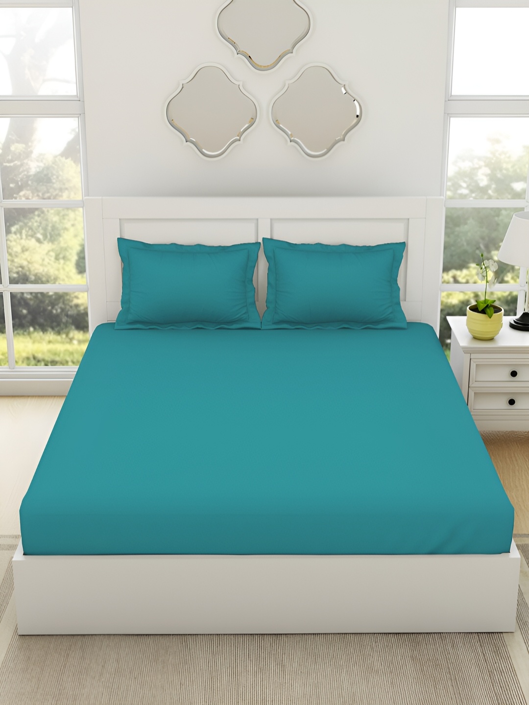 

SPACES Teal 144 TC Pure Cotton Fitted King Bedsheet & 2 Pillow Covers