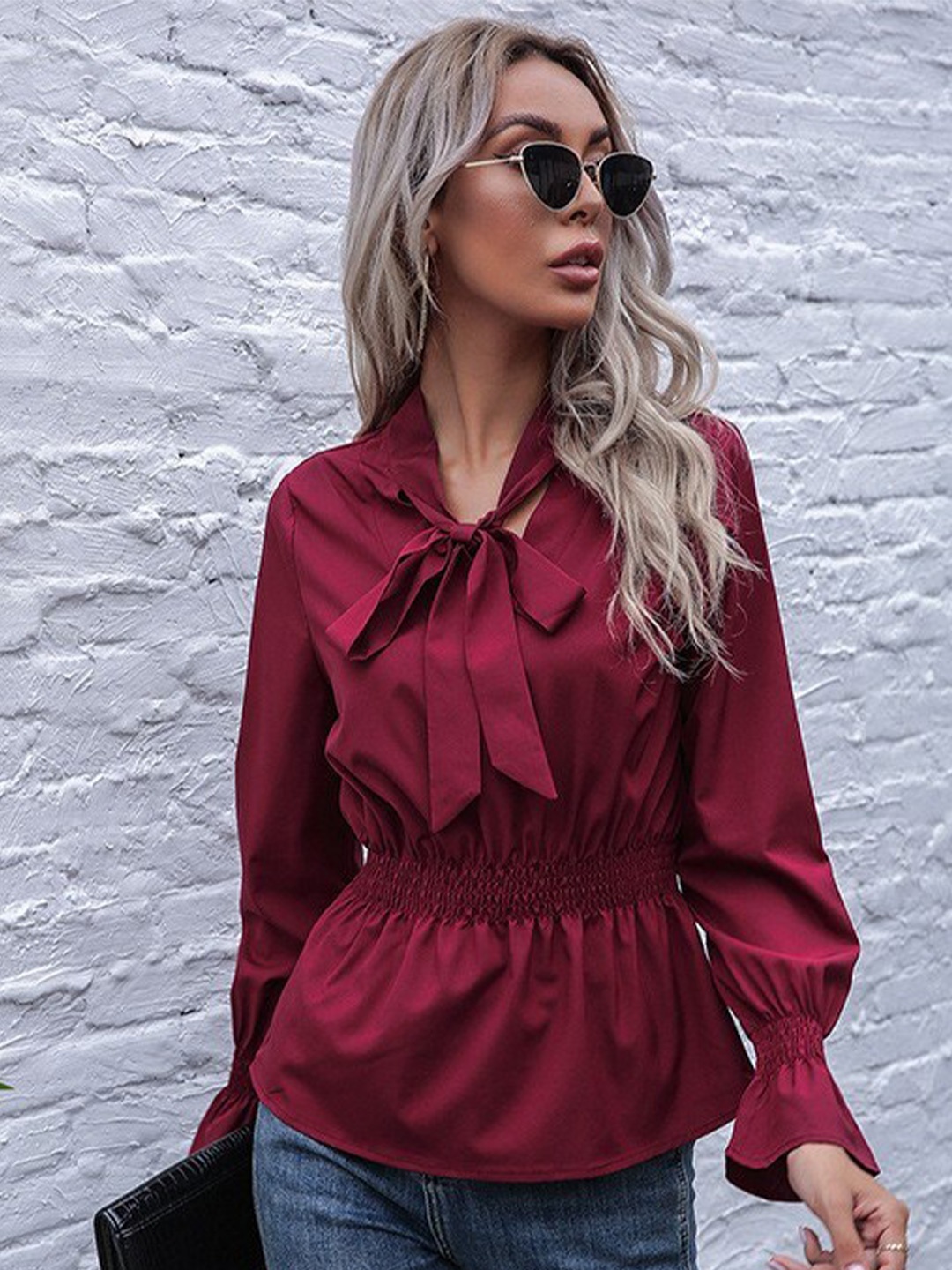 

StyleCast Tie-Up Neck Cotton Cinched Waist Top, Magenta