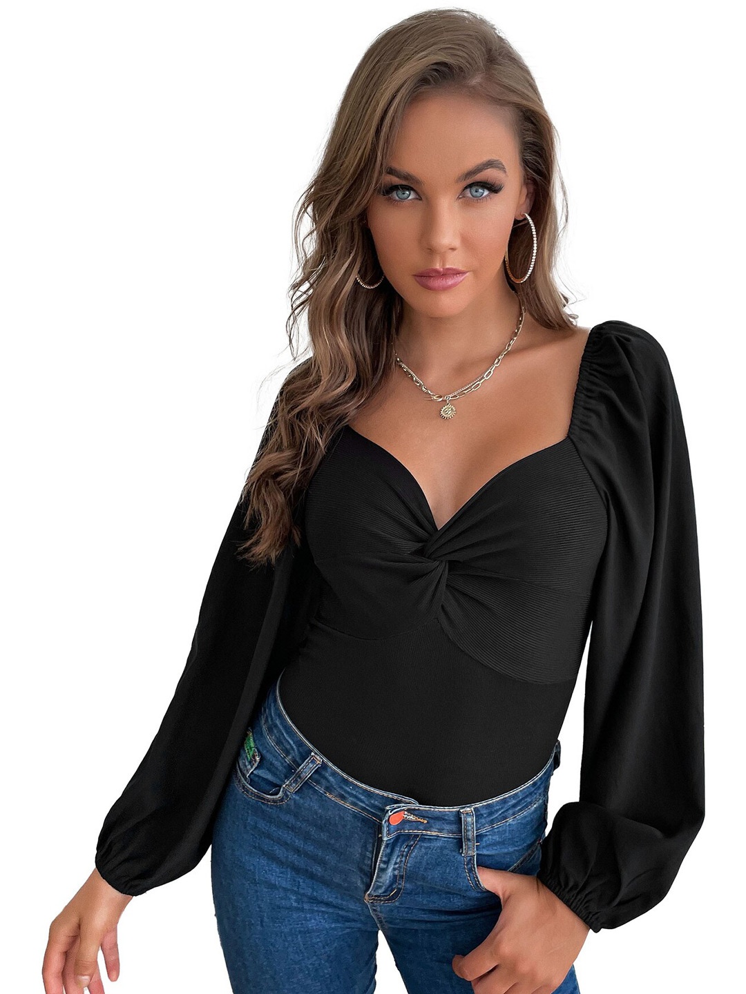 

StyleCast Sweetheart Neck Cuffed Sleeves Fitted Top, Black