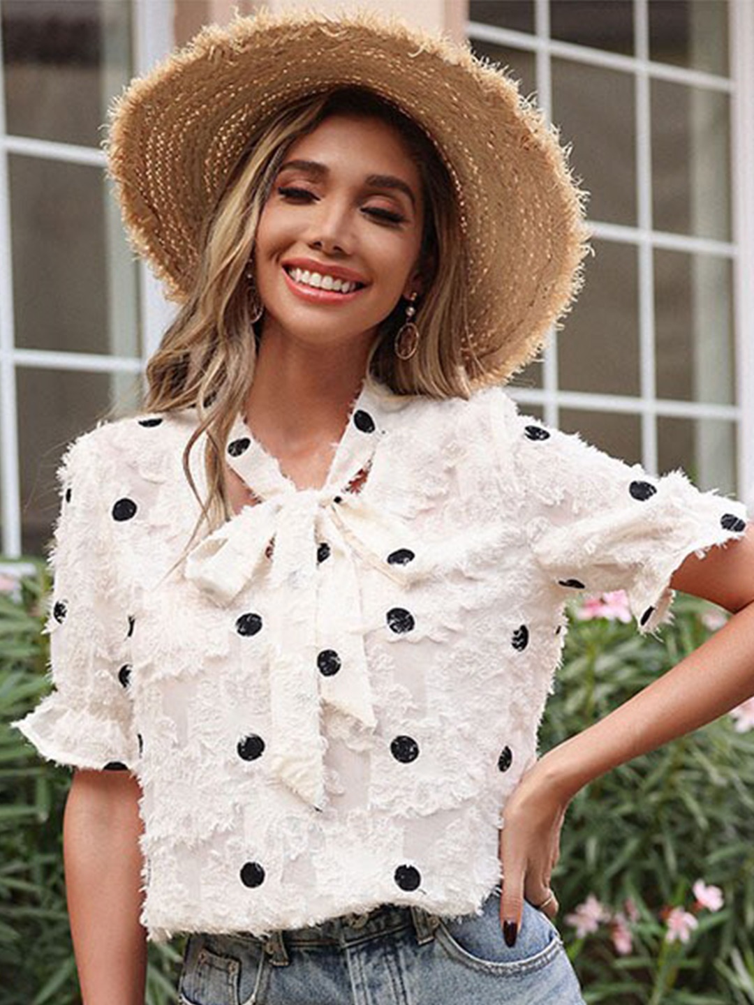 

StyleCast Print Tie-Up Neck Puff Sleeve Chiffon Top, White