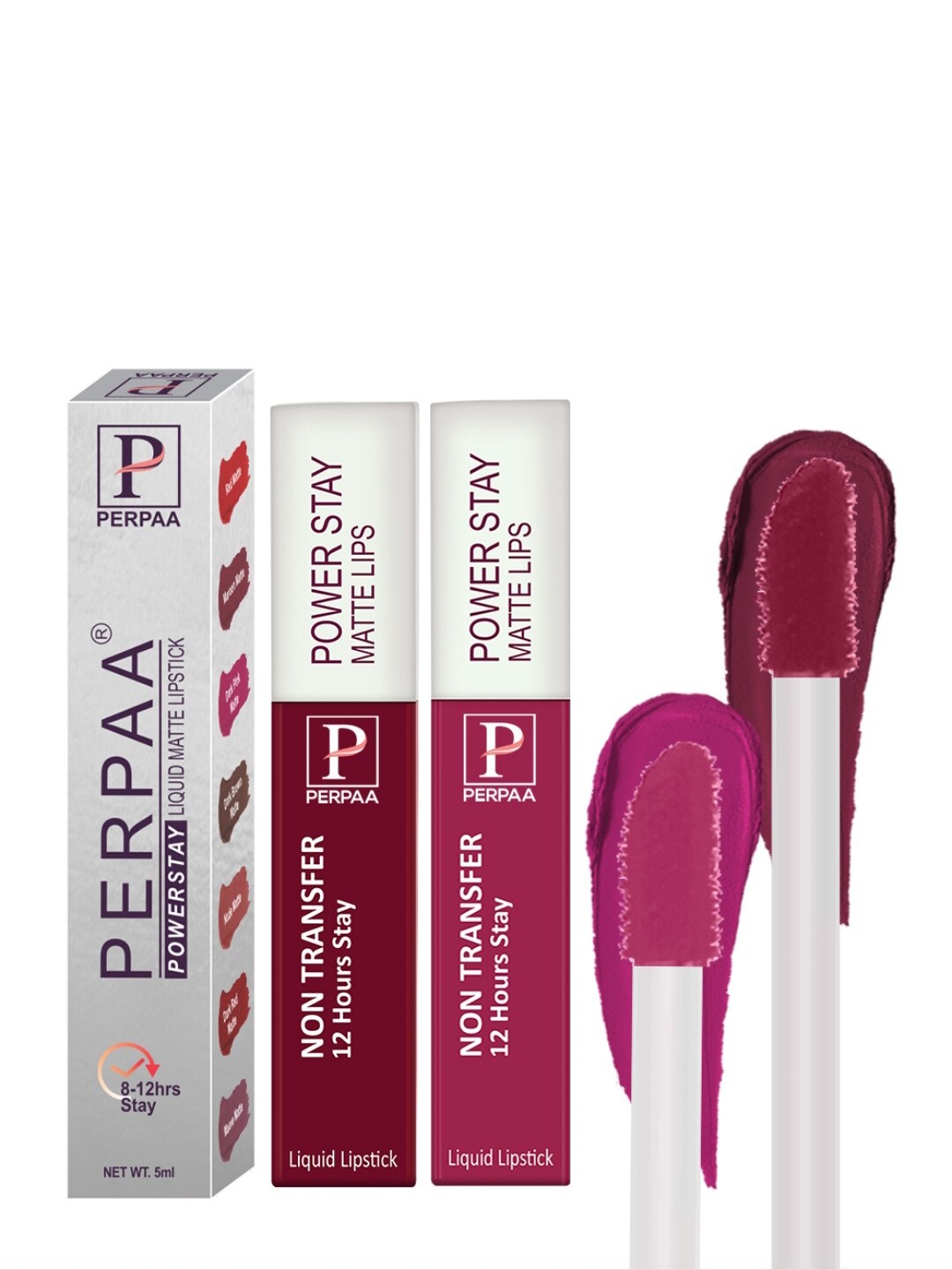 

PERPAA Set of 2 Power Stay Liquid Matte Lipsticks 5ml Each - Cherry Red+Pink, Maroon