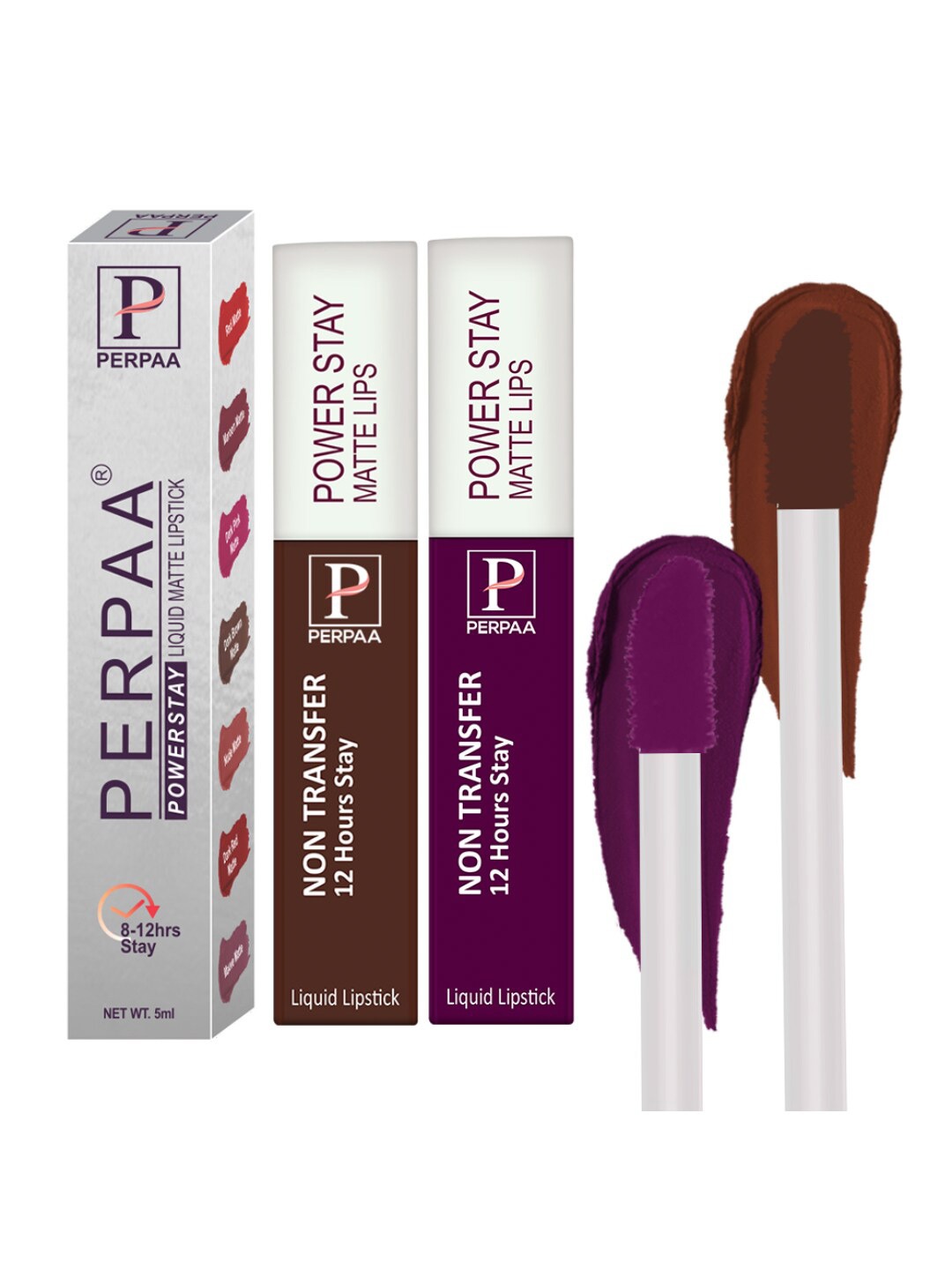 

PERPAA Set of 2 Power Stay Liquid Matte Lipsticks 5ml Each - Brown+Wine, Purple