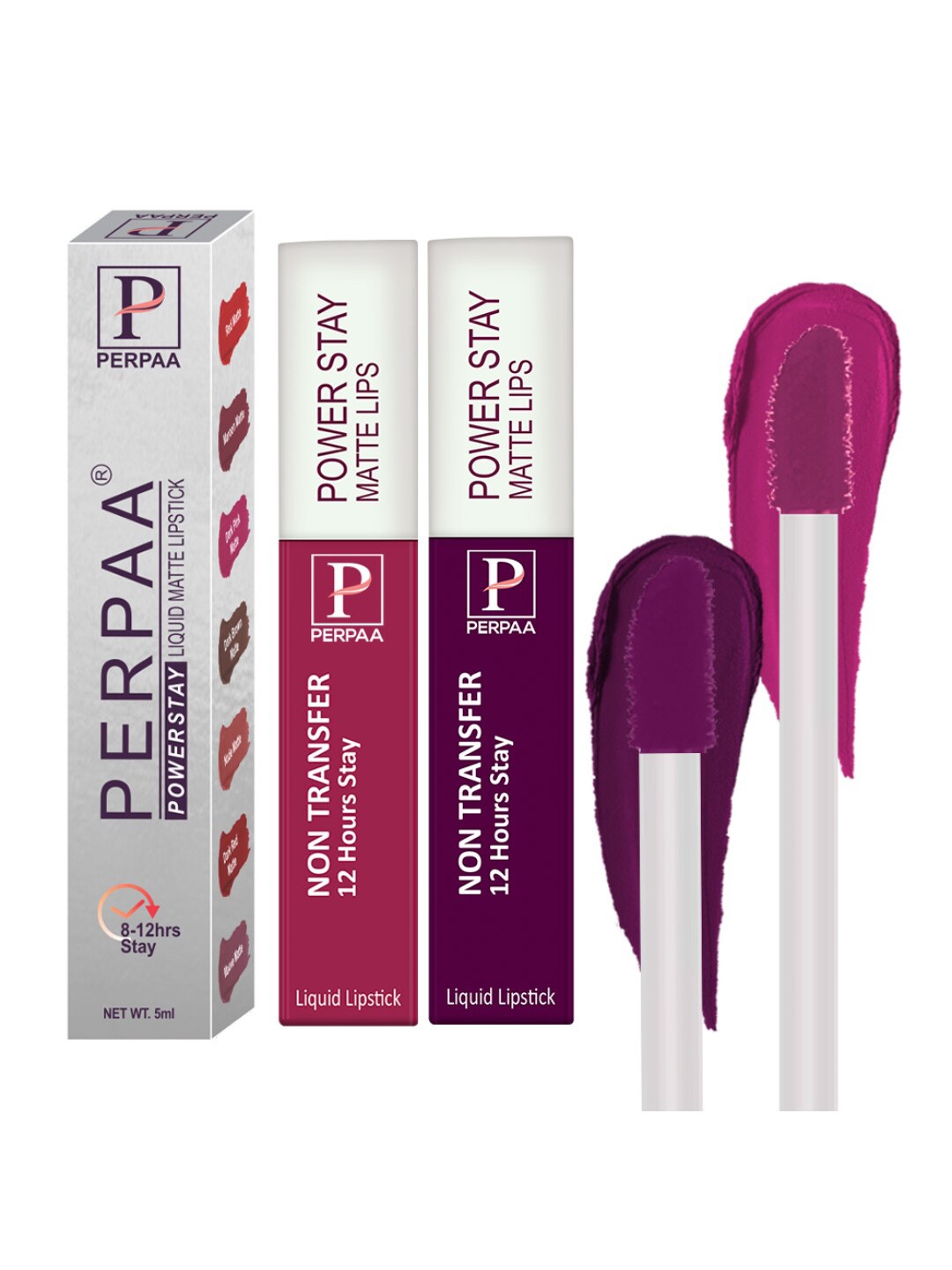 

PERPAA Set of 2 Power Stay Liquid Matte Lipsticks 5ml Each - Pink+Wine, Purple