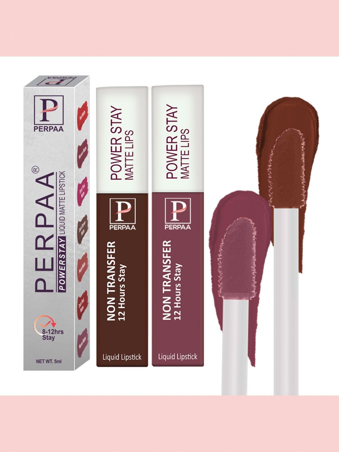 

PERPAA Set of 2 Power Stay Liquid Matte Lipsticks 5ml Each - Brown+Mauve, Maroon