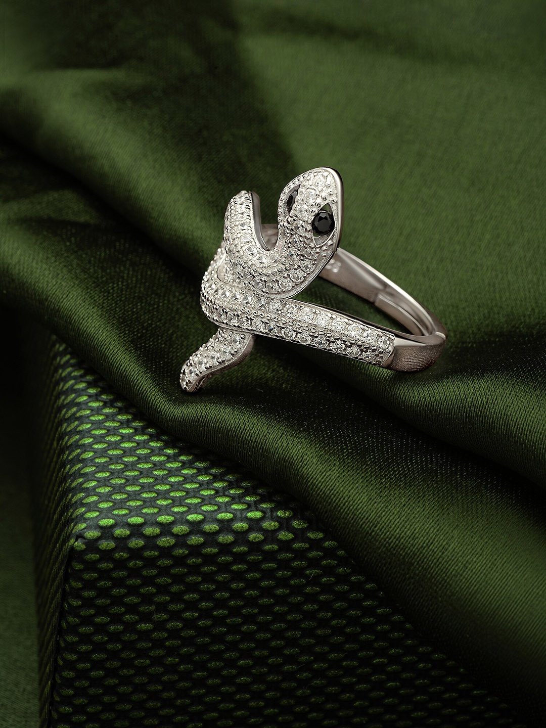 

SILBERRY 925 Sterling Silver Rhodium-Plated CZ Studded Adjustable Finger Ring