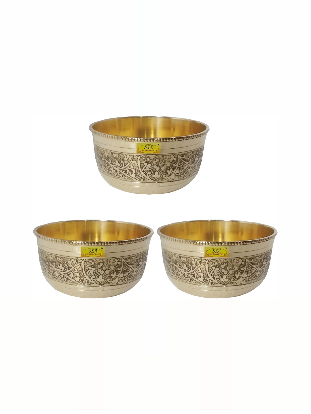 

Shivshakti Arts Yellow 3 Pieces Glossy Brass Embossed Bowl 150 ml