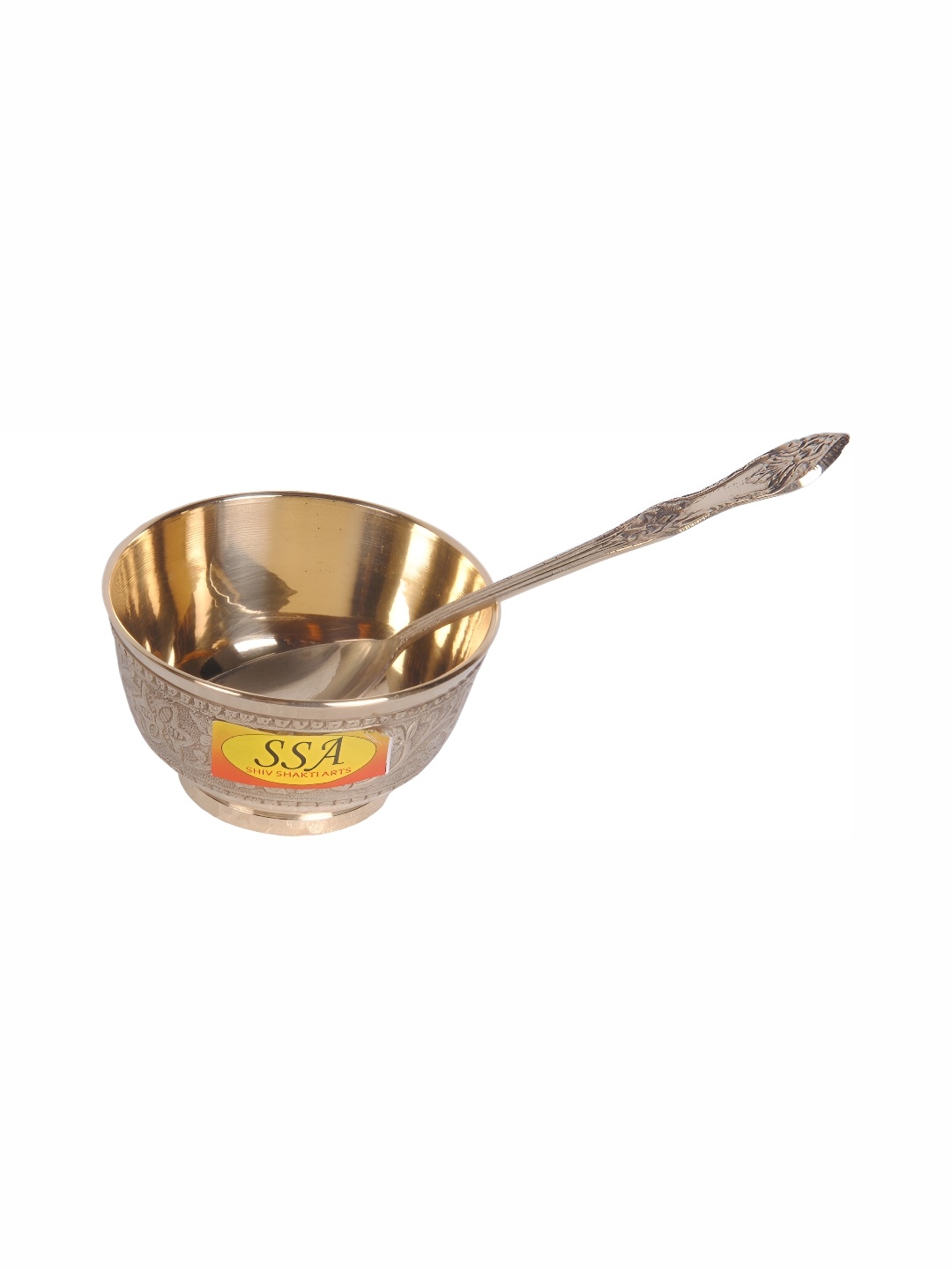 

Shivshakti Arts Yellow & 2 Pieces Glossy Brass Embossed Flower Design Bowl & Spoon 150 ml