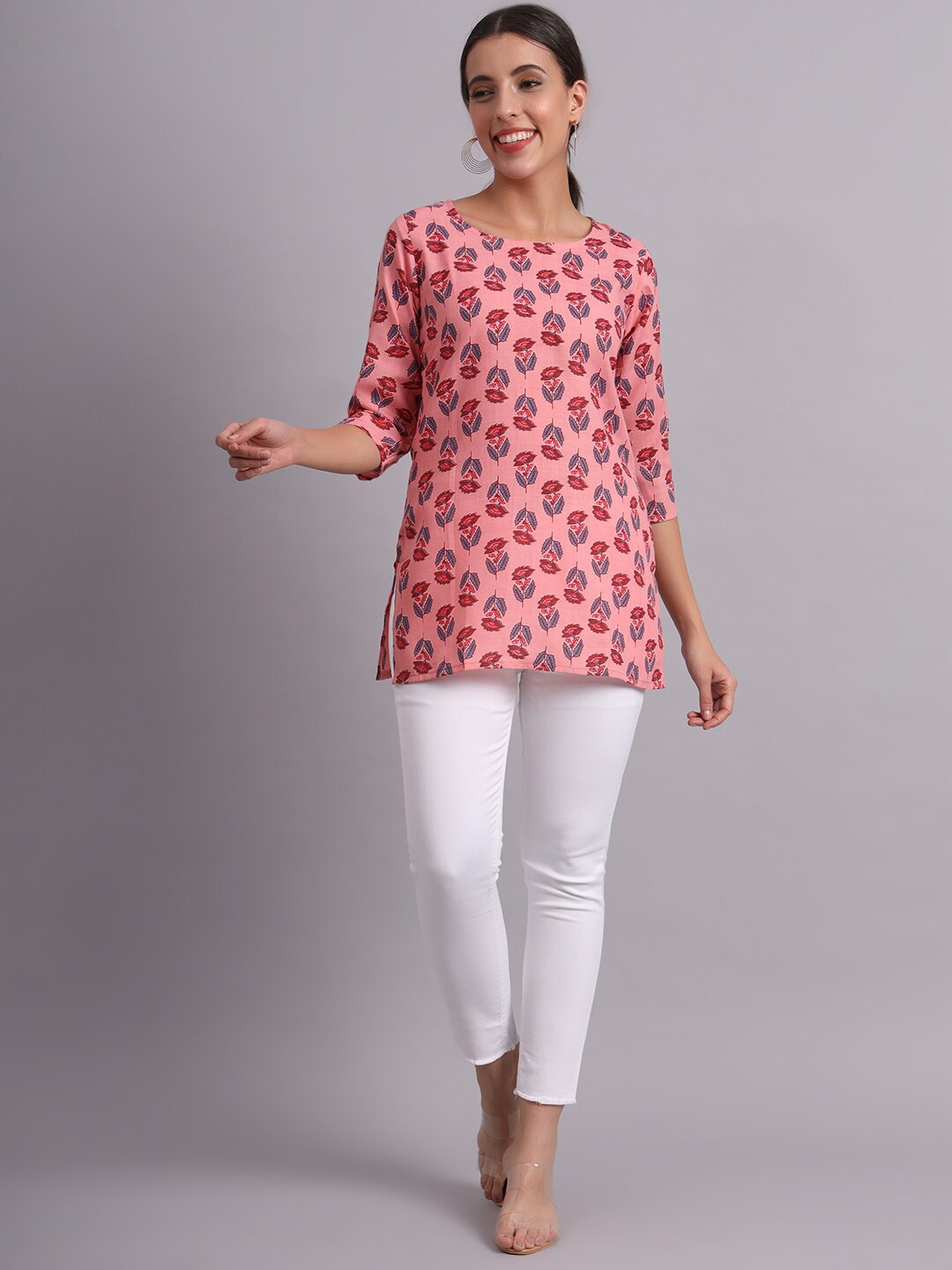 

Hinaya Floral Printed Pure Cotton Straight Kurti, Pink