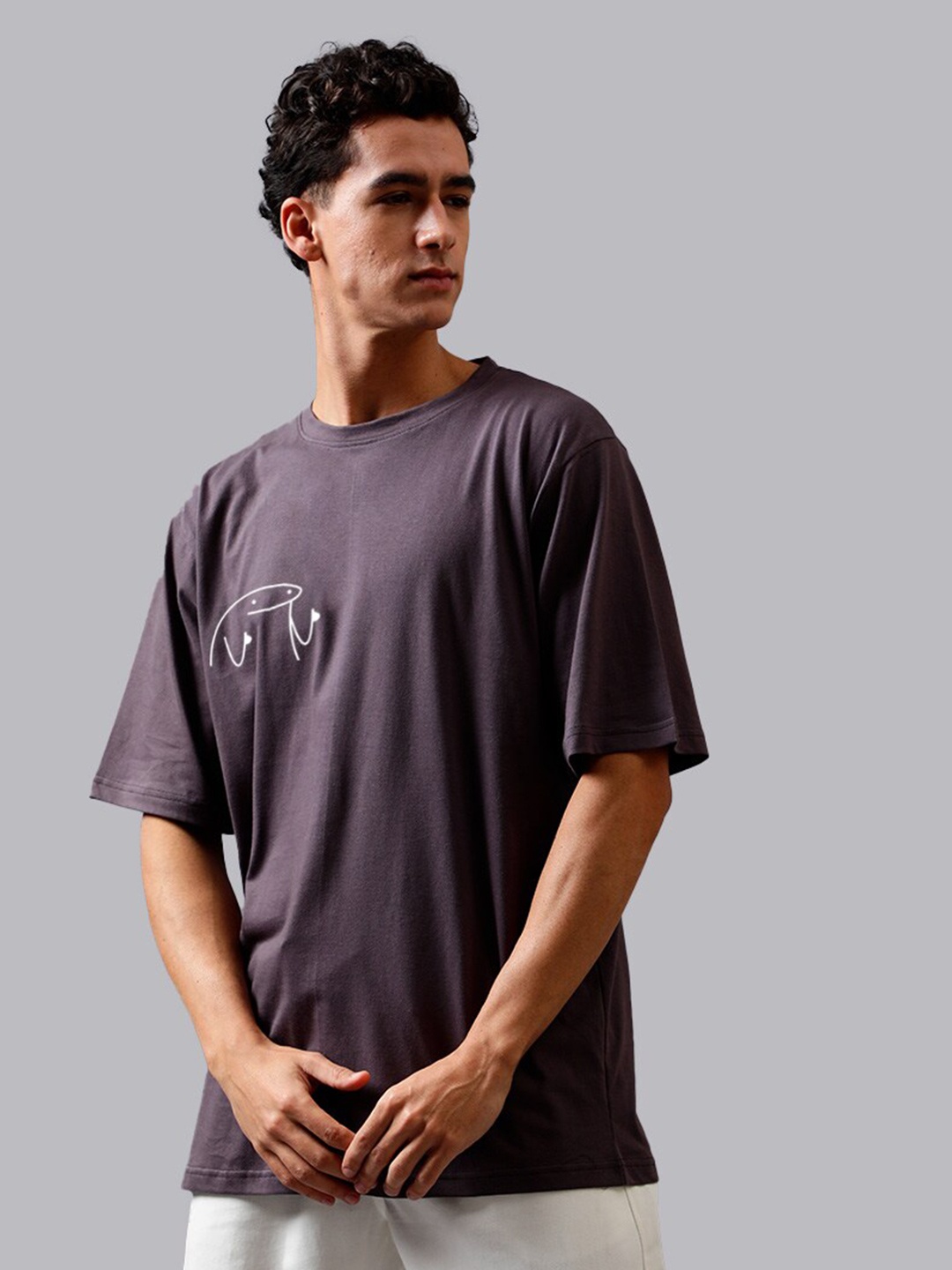 

Mad Over Print Graphic Printed Drop-Shoulder Sleeves Oversized Cotton T-shirt, Grey