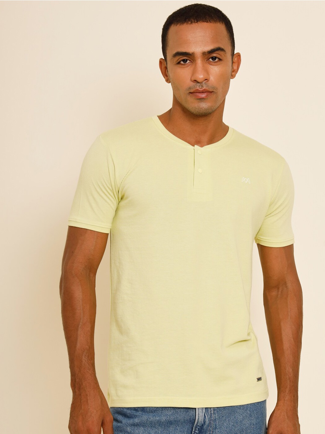 

MUWIN Striped Henley Neck Bio Finish T-shirt, Yellow