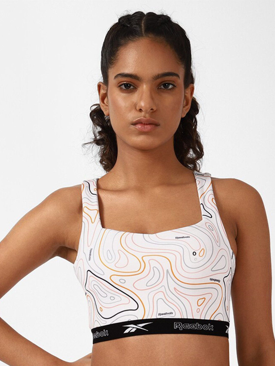 

Reebok Yg Aop Printed Workout Bra, White