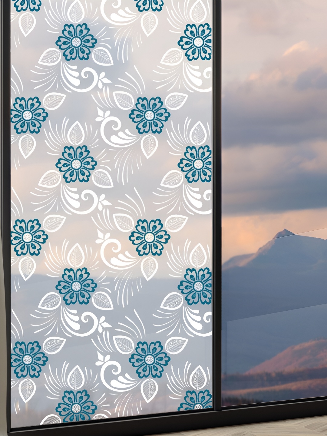 

CVANU Teal-colored & White Floral Self-Adhesive Waterproof Window Sticker