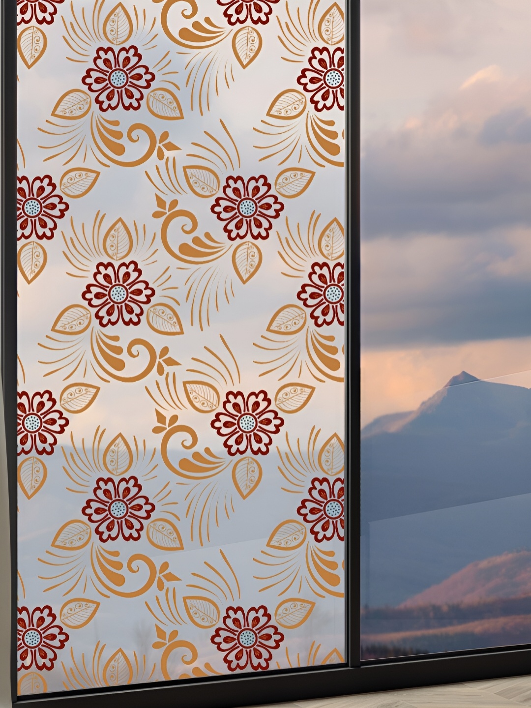 

CVANU Maroon & Mustard Yellow Floral Printed Self-adhesive Waterproof Window Film