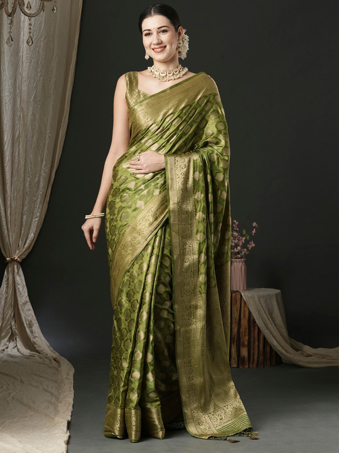 

Anouk Ethnic Woven Design Satin Banarasi Saree, Olive