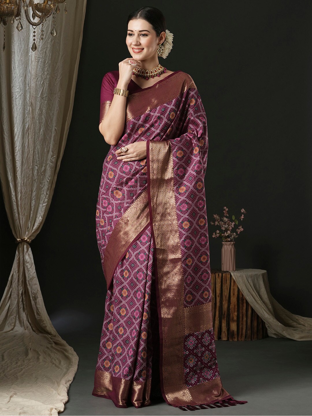 

Anouk Ethnic Motifs Zari Patola Saree, Purple