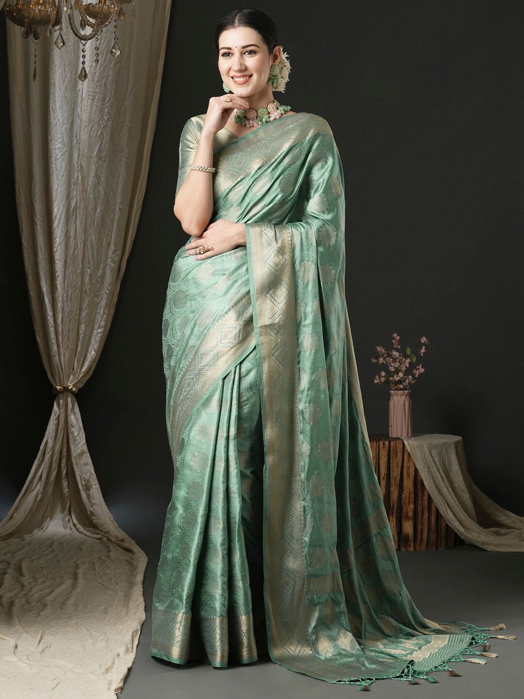 

Anouk Ethnic Woven Design Zari Satin Banarasi Saree, Sea green