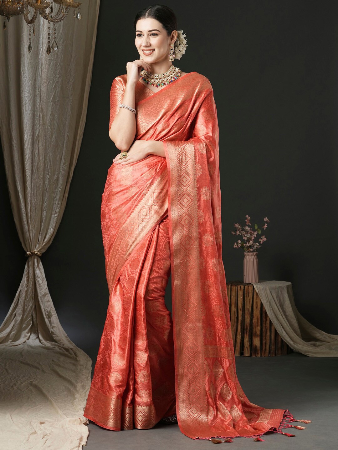 

Anouk Bandhani Zari Satin Banarasi Saree, Peach