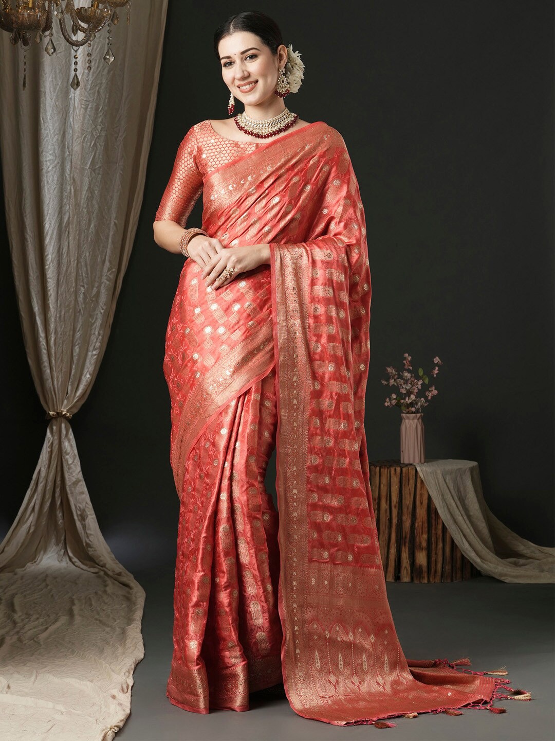 

Anouk Ethnic Motifs Zari Satin Banarasi Saree, Peach