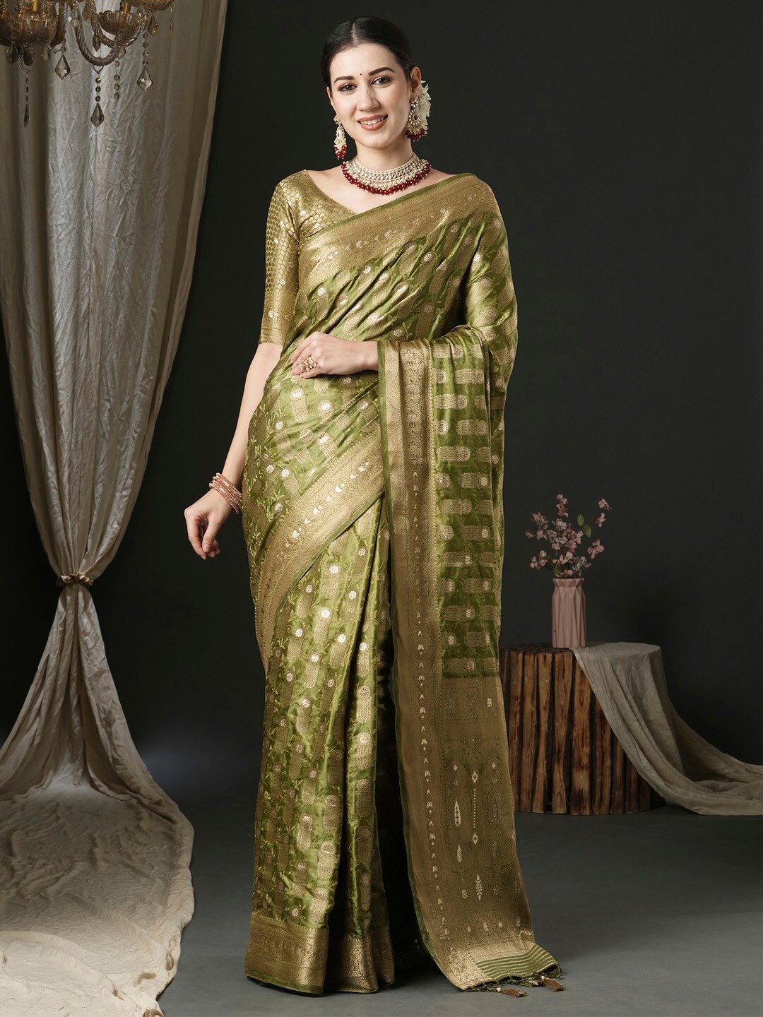 

Anouk Ethnic Motifs Zari Satin Banarasi Saree, Olive