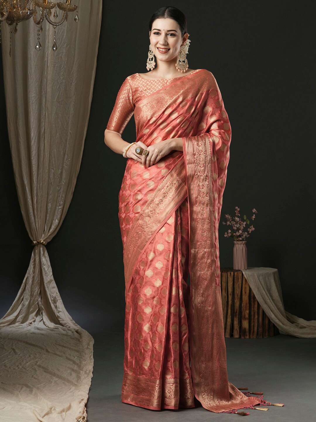 

Anouk Ethnic Motifs Zari Satin Banarasi Saree, Peach