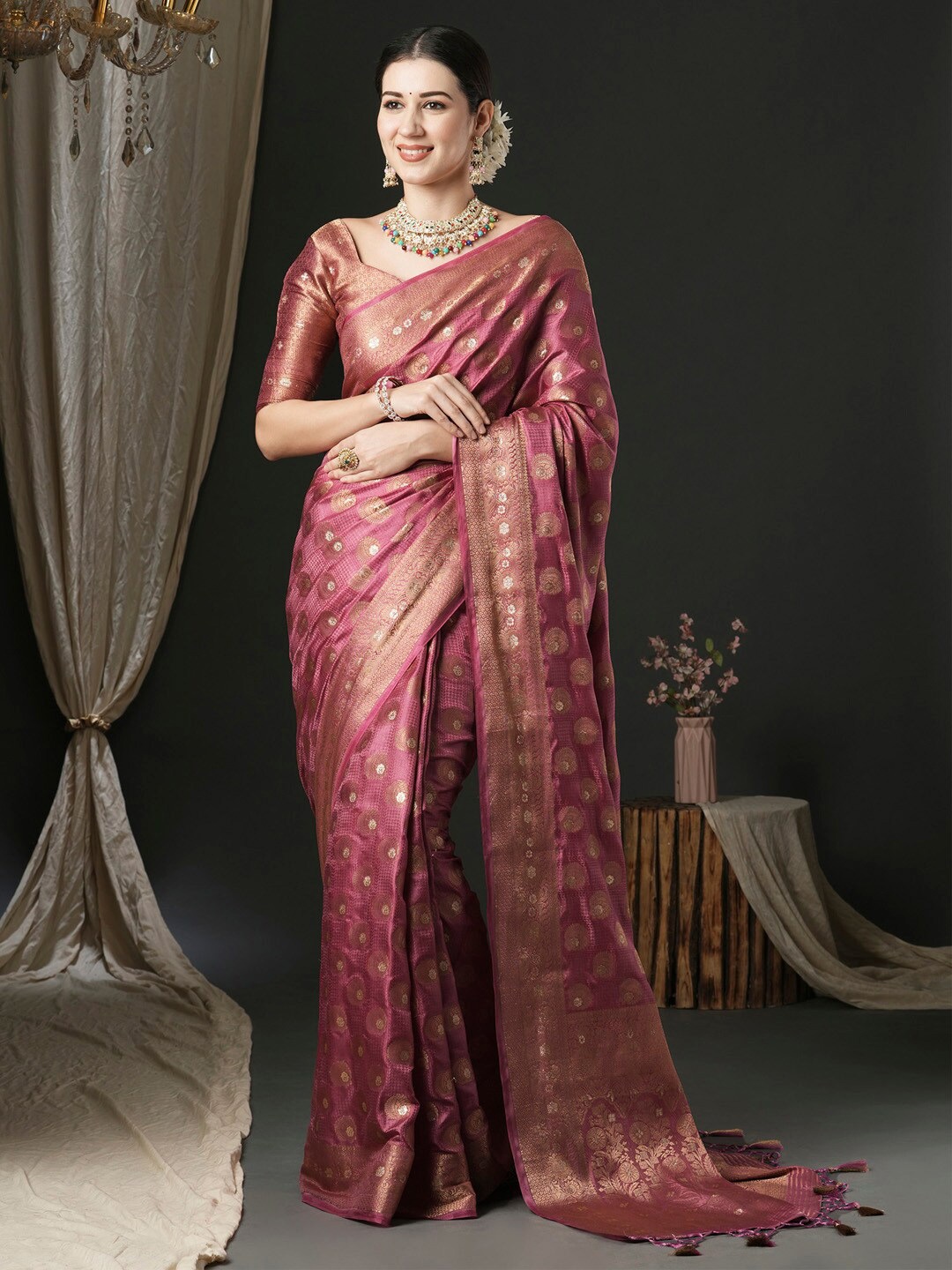 

Anouk Ethnic Motifs Woven Design Zari Satin Banarasi Saree, Pink